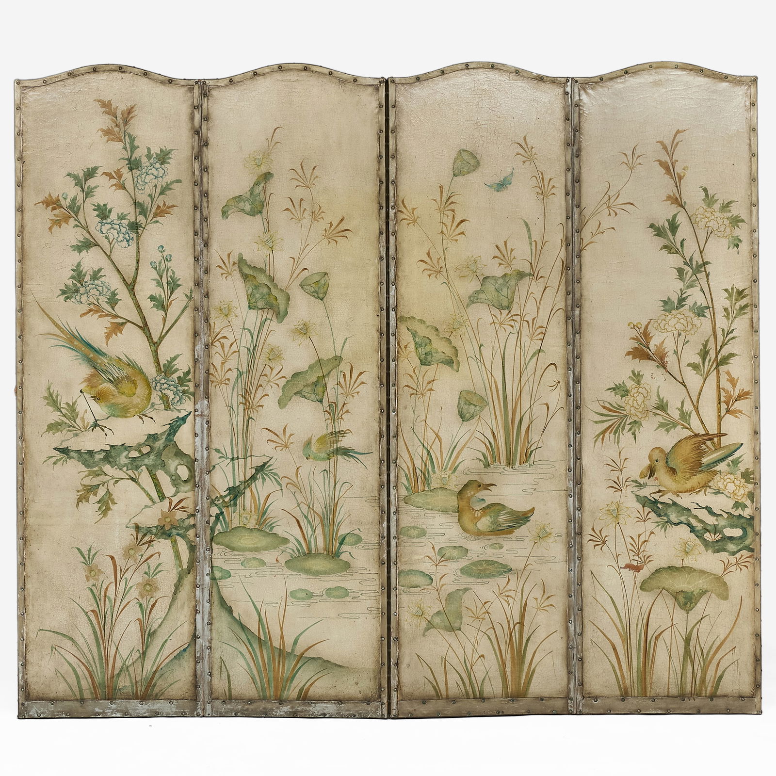 Painted Four Panel Leather Screen, in the Asian Taste (1 of 7)