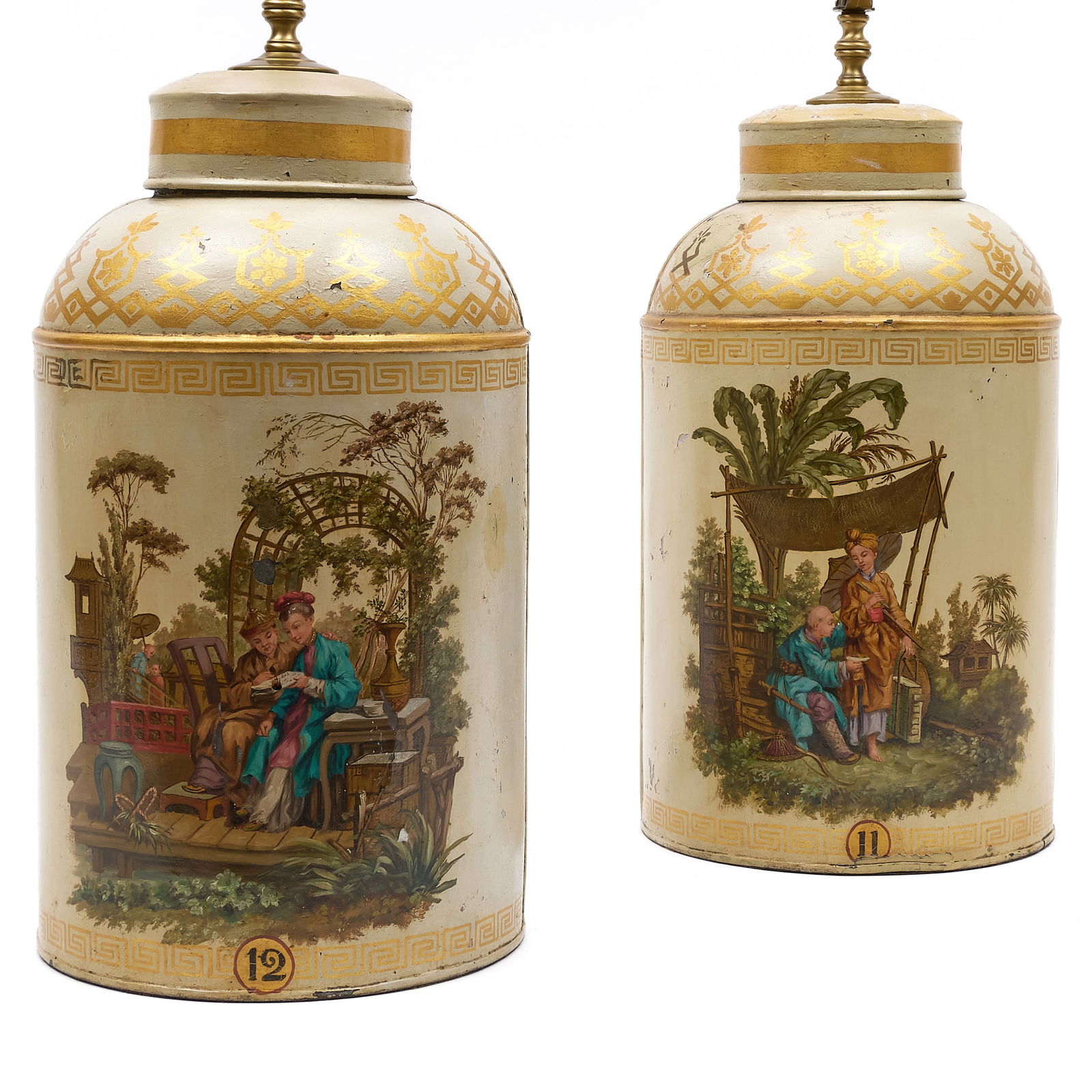 Pair of Large English Painted Tole Chinoiserie Tea Canisters Mounted as Lamps: Pair of Large English Painted Tole Chinoiserie Tea Canisters Mounted as Lamps 22 x 9 in. diam. (to socket). Private Collection of an Atlanta Collector.
