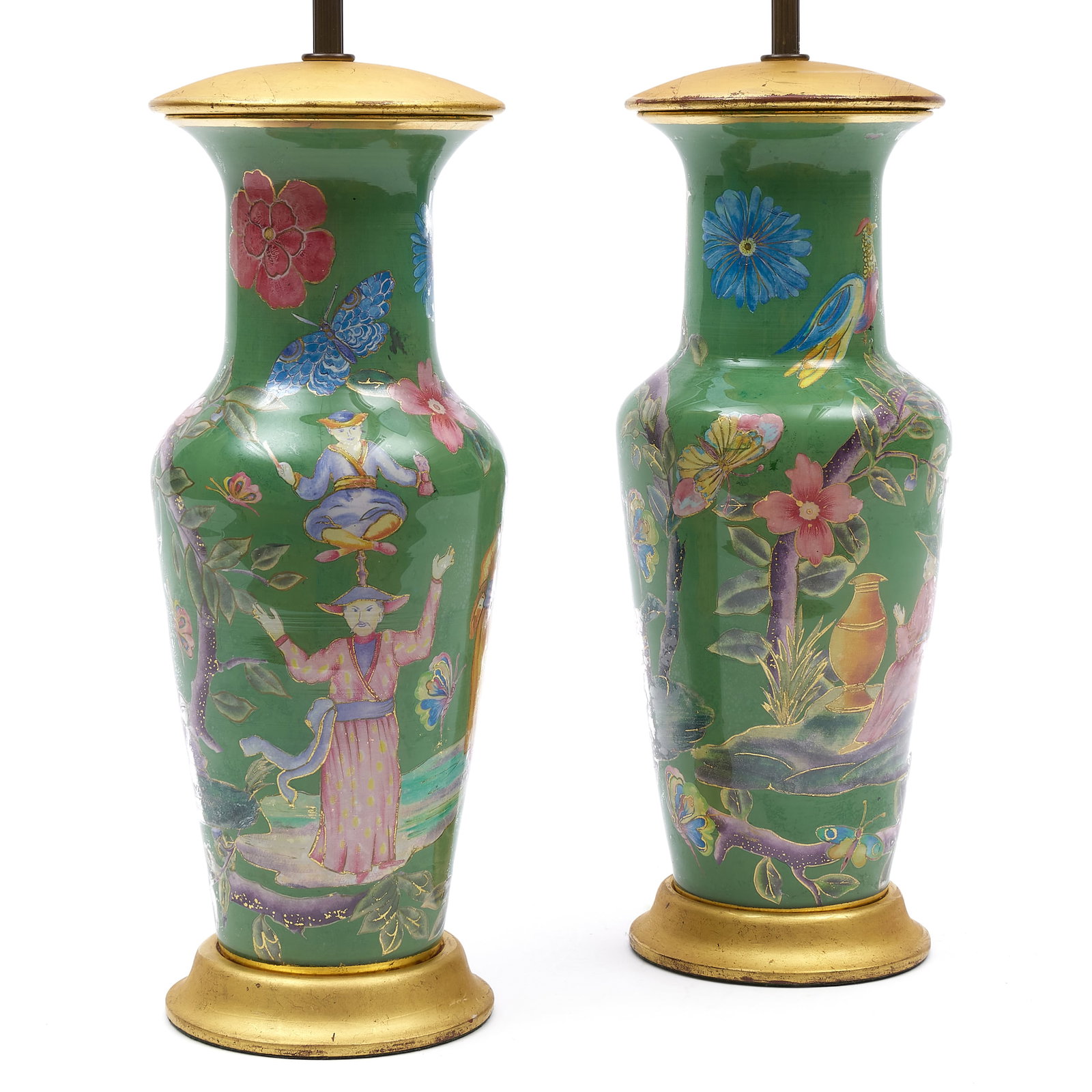 Pair of Glass Chinoiserie Decorated Decalcomania Lamps: Pair of Glass Chinoiserie Decorated Decalcomania Lamps 20 1/2 x 6 in. diam. (to socket). Private Collection of an Atlanta Collector.