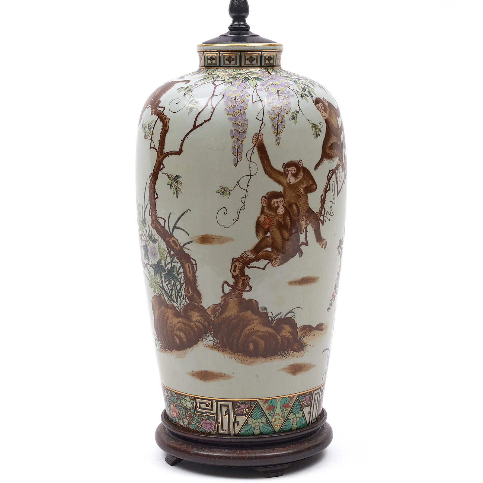 Chinese White Glazed Porcelain Monkey Decorated Vase Mounted as a Lamp: Chinese White Glazed Porcelain Monkey Decorated Vase Mounted as a Lamp18 x 7 1/2 in. diam., (to socket).Private Collection of an Atlanta Collector.