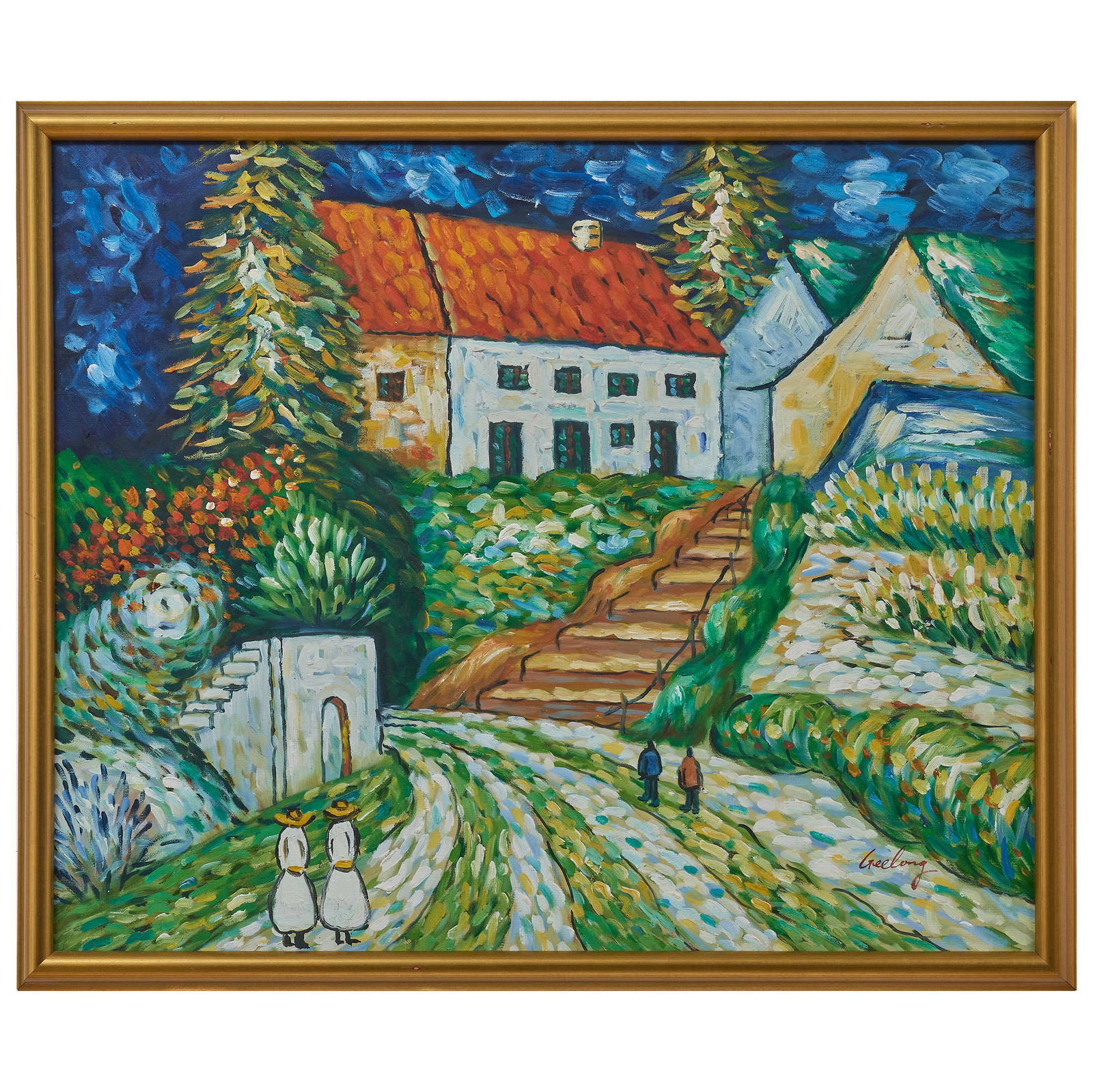 20th Century School: House in a Landscape with Figures: 20th Century School: House in a Landscape with FiguresOil on canvas, indistinctly signed lower right.20 1/4 x 24 1/2 in., 22 1/2 x 26 3/4 in. (frame).Private Collection of an Atlanta Collector.