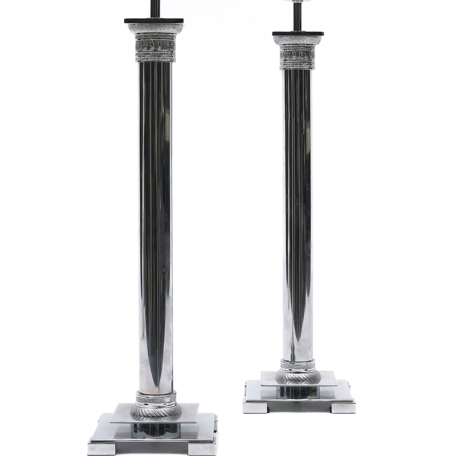 Pair of Chrome Neoclassical Style Columnar Lamps: Pair of Chrome Neoclassical Style Columnar Lamps24 x 5 7/8 x 5 7/8 in. (to socket).Private Collection of an Atlanta Collector.