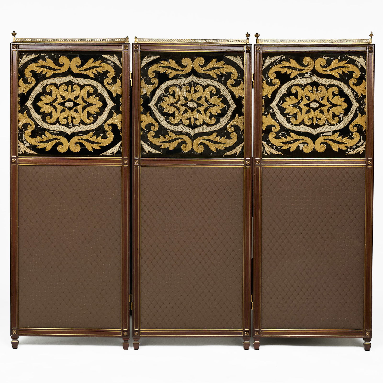 Directoire Style Brass-Mounted Mahogany and Embroidered Three Panel Screen (1 of 5)