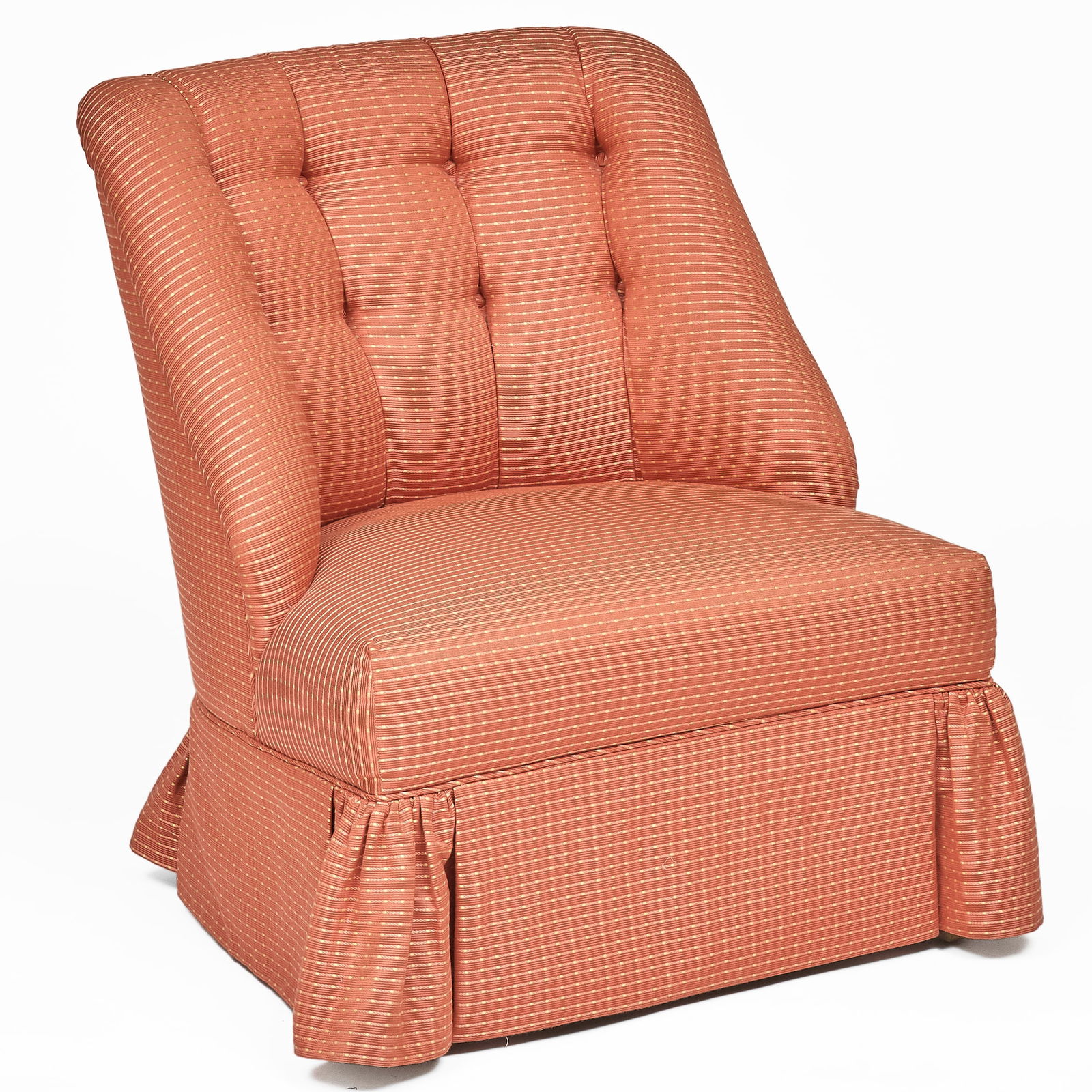 Red Tufted Upholstered Slipper Chair: Red Tufted Upholstered Slipper Chair 34 x 29 x 33 in., seat height 17 in. Private Collection of an Atlanta Collector.