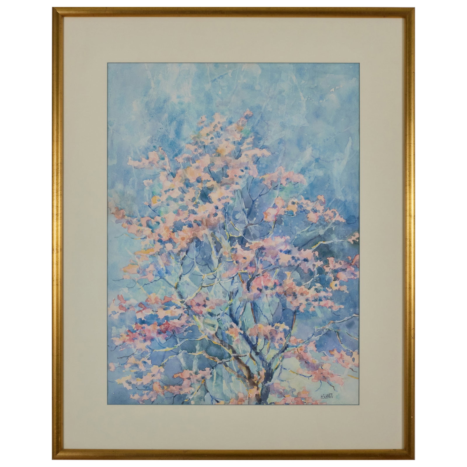 Hermann Schnee (1840-1926): Cherry Blossoms: Hermann Schnee (1840-1926): Cherry Blossoms Watercolor on paper, signed 'H. Schnee' lower right. 28 1/2 x 21 in. (sight), 37 3/4 x 30 1/4 in. (frame). Private Collection of an Atlanta Collector.