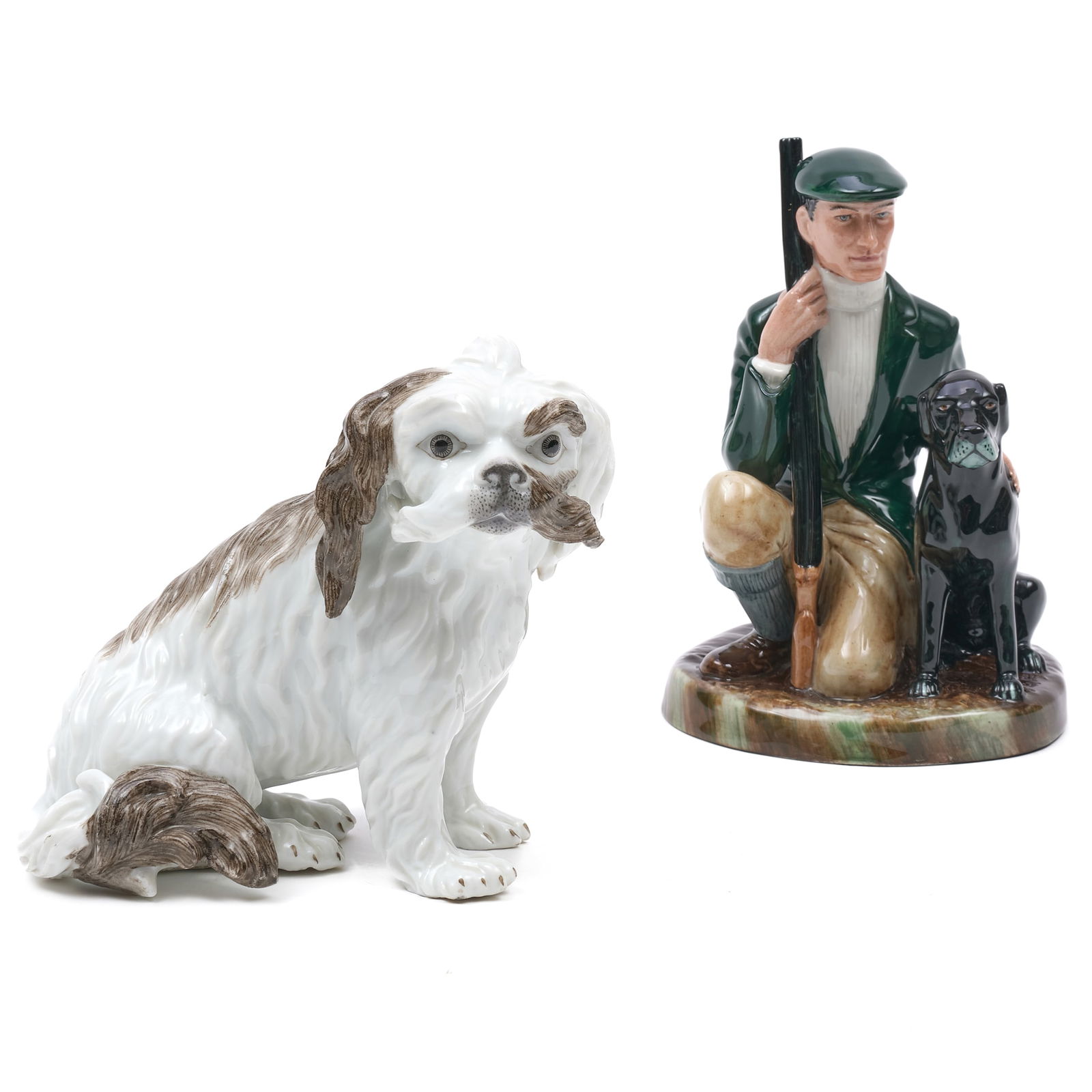 Royal Doulton Dog Group Model and a French Porcelain Model of a Terrier: Royal Doulton Dog Group Model and a French Porcelain Model of a Terrier Comprising:A Royal Doulton model of 'The Gamekeeper', green printed mark A French model of a Bolognese terrier, red painted mark