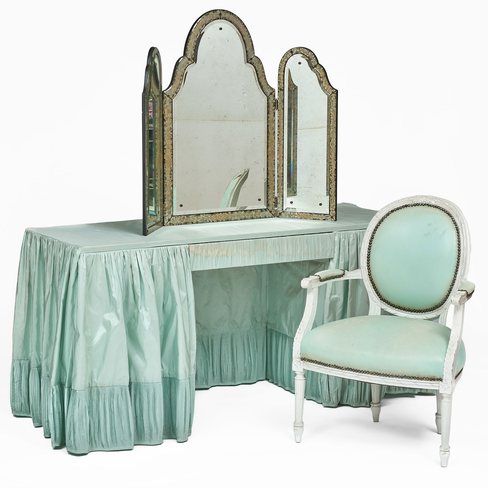 Pale Blue Skirted Dressing Table with Three Part Mirror and Chair: Pale Blue Skirted Dressing Table with Three Part Mirror and Chair The table, 29 1/2 x 5 ft. 1 x 21 1/2 in. The mirror, 34 x 42 in. overall. The chair,?35 x 24 1/2 x 22 in., seat height 18 in. Private