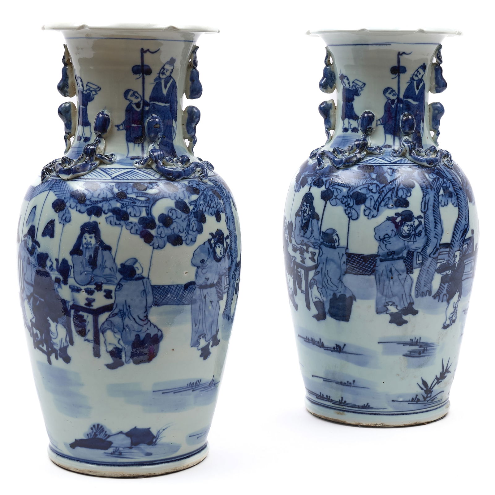Pair of Chinese Blue and White Porcelain Baluster Vases: Pair of Chinese Blue and White Porcelain Baluster VasesBlue painted marks, with applied dragon decoration around necks.16 x 8 in. diam.Private Collection of an Atlanta Collector.