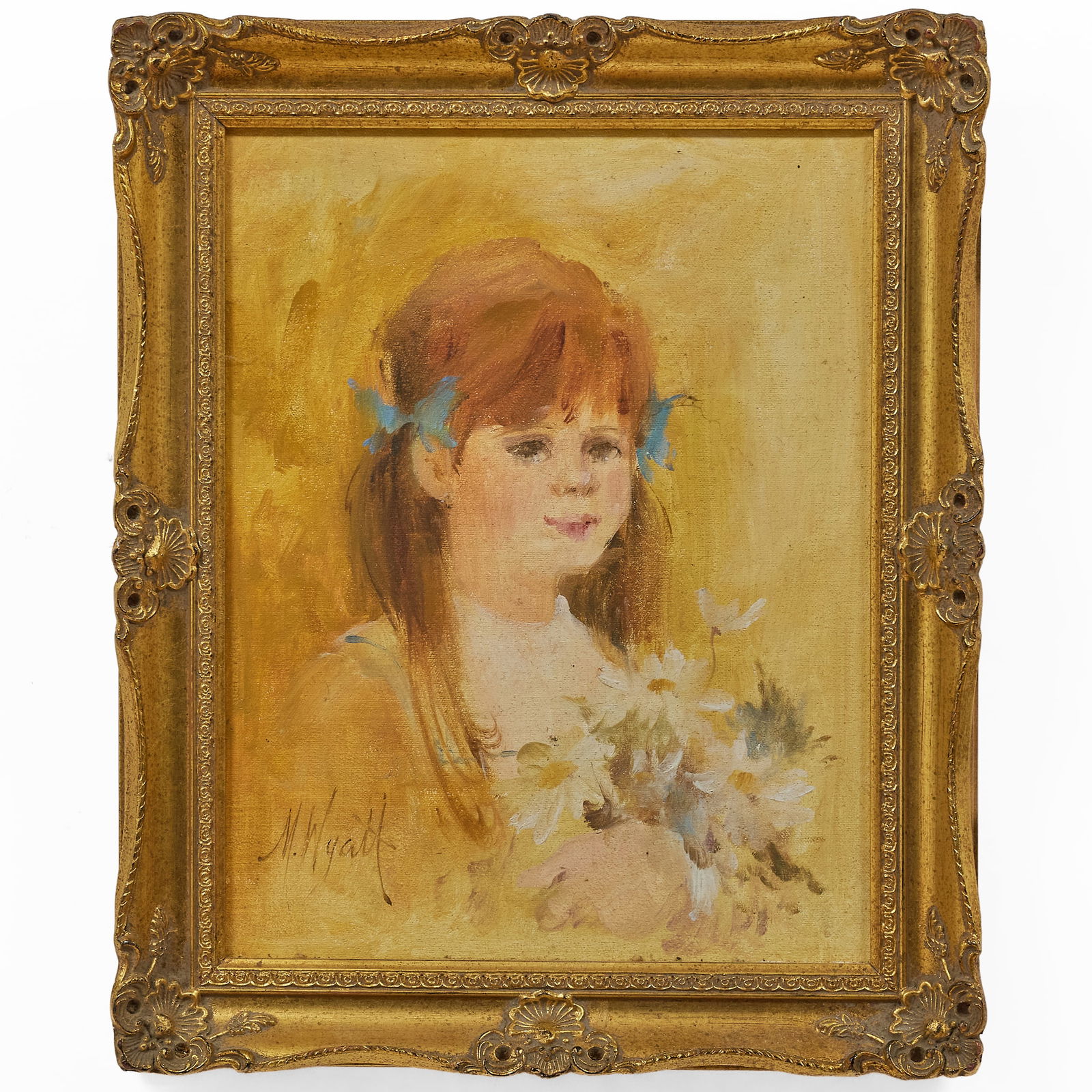 20th Century School: Portrait of a Girl: 20th Century School: Portrait of a Girl Oil on canvas, signed 'M. Wyatt' lower left. 14 x 11 in., 17 x 14 in. (frame). Private Collection of an Atlanta Collector.