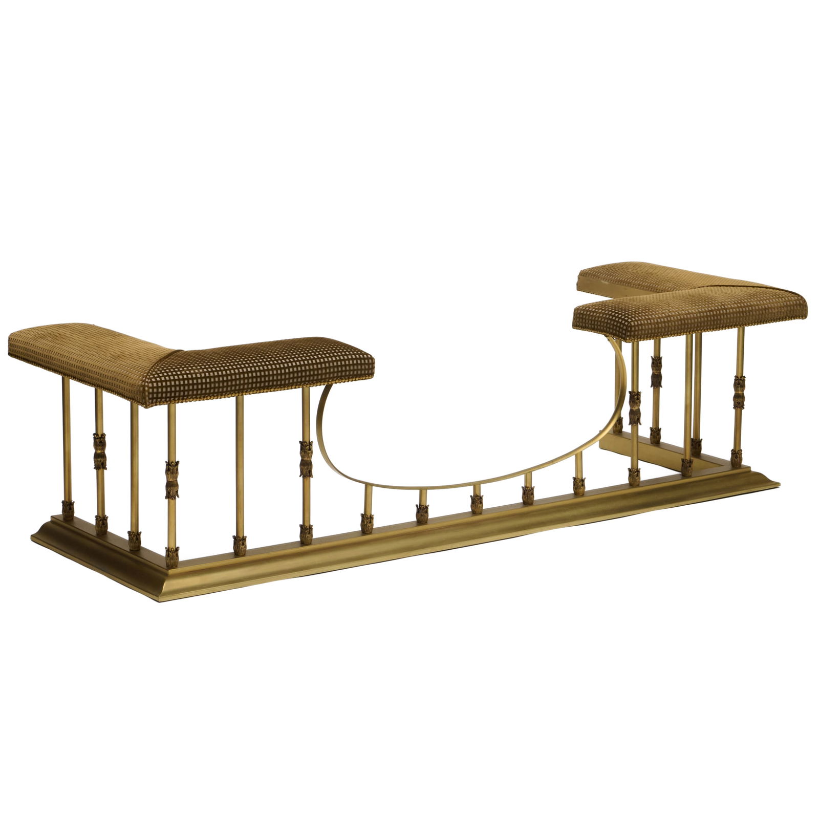 Brass and Velvet Upholstered Fire Fender Seat, Supplied by Colefax and Fowler: Brass and Velvet Upholstered Fire Fender Seat, Supplied by Colefax and Fowler 21 x 6 ft. 3 x 29 in. An Interior Designed by Colefax and Fowler, Riverdale, NY.