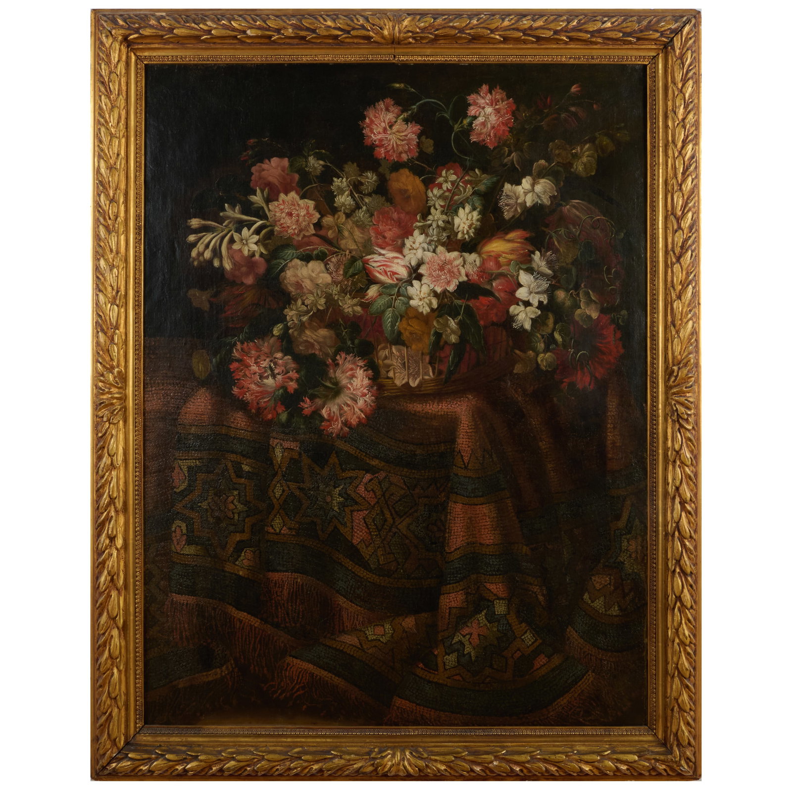 European School: Floral Still Life on Draped Table: European School: Floral Still Life on Draped TableOil on canvas, unsigned, lined.44 x 34 1/2 in., 50 1/2 x 41 in. (frame).An Interior Designed by Colefax and Fowler, Riverdale, NY.