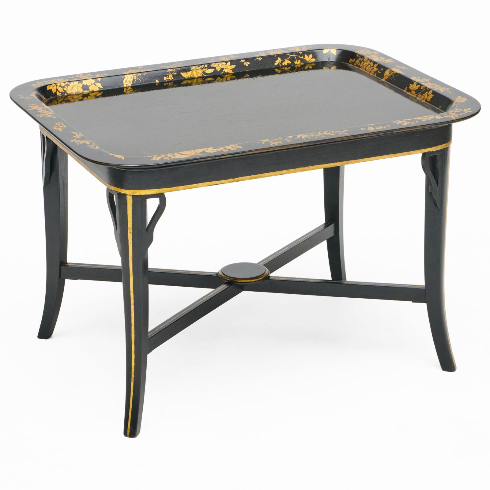 Victorian Black Painted and Parcel-Gilt Papier MÃ¢che Tray on Later Stand (1 of 7)