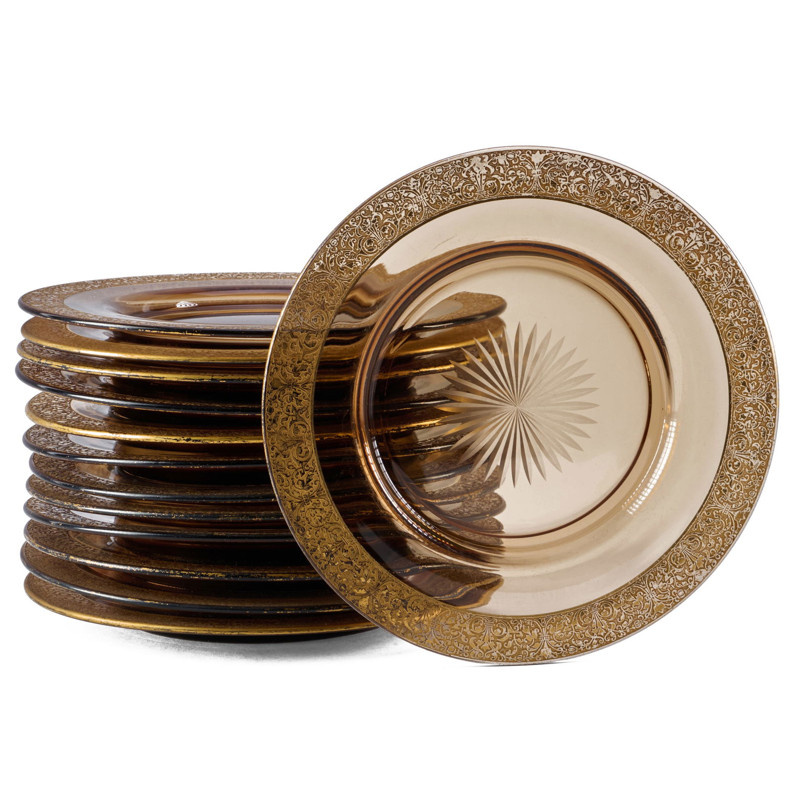 Set of Thirteen Etched and Gilt Glass Dessert Plates, Possibly Moser: Set of Thirteen Etched and Gilt Glass Dessert Plates, Possibly Moser Unmarked. 8 1/2 in. diam. An Interior Designed by Colefax and Fowler, Riverdale, NY.