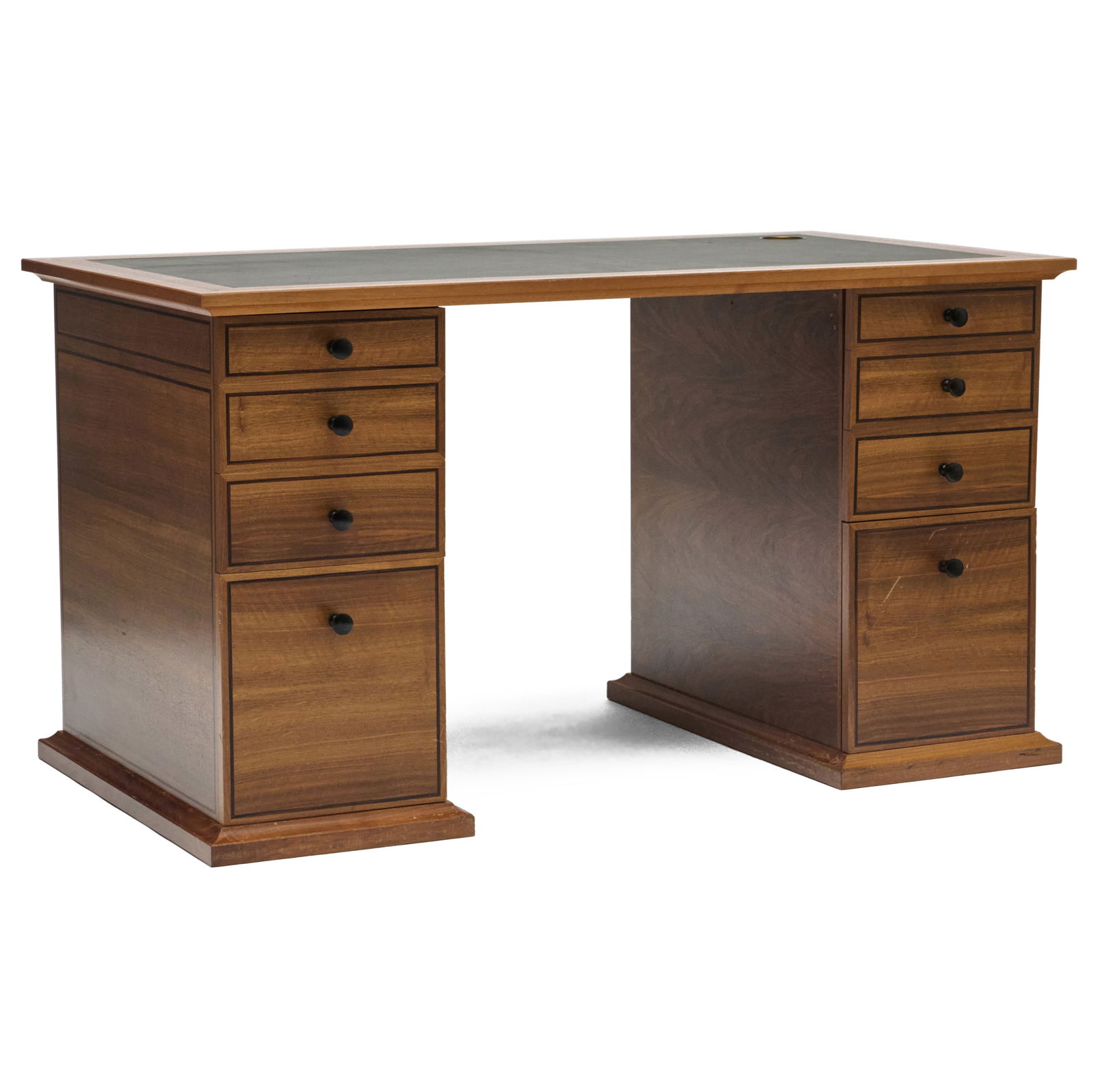 David Linley Walnut and Inlaid Oak Double Pedestal Desk: David Linley Walnut and Inlaid Oak Double Pedestal Desk Fitted with an inset leather writing surface. An Interior Designed by Colefax and Fowler, Riverdale, NY.