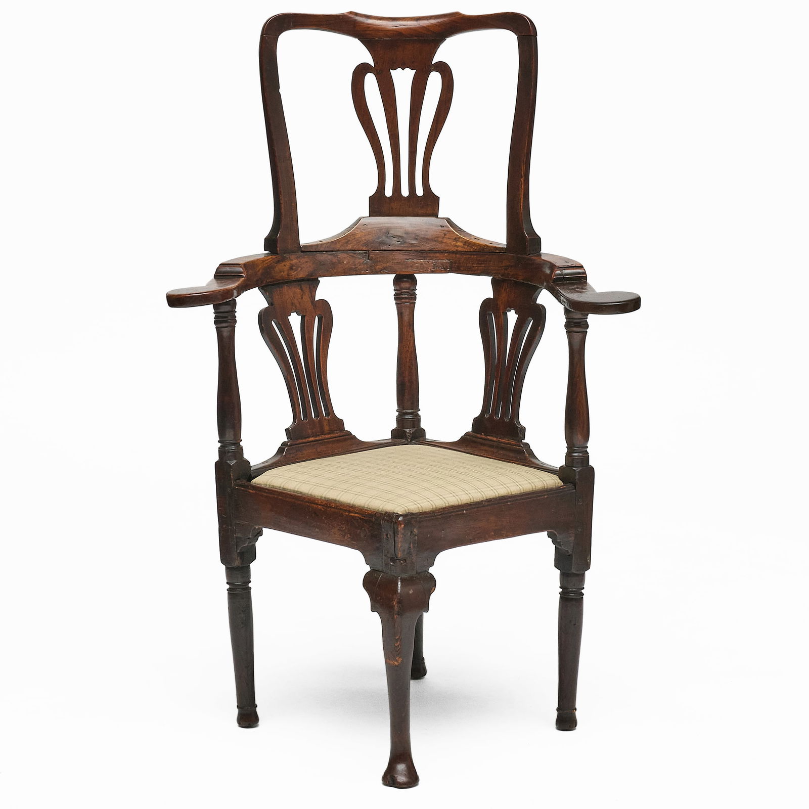 George II Provincial Oak High-Back Corner Chair: George II Provincial Oak High-Back Corner Chair Marked VP, and with an old dealer's label.? 47 1/2 x 31 x 27 in., seat height 17 1/2 in. Property from the Collection of a Prominent Long Island Family.