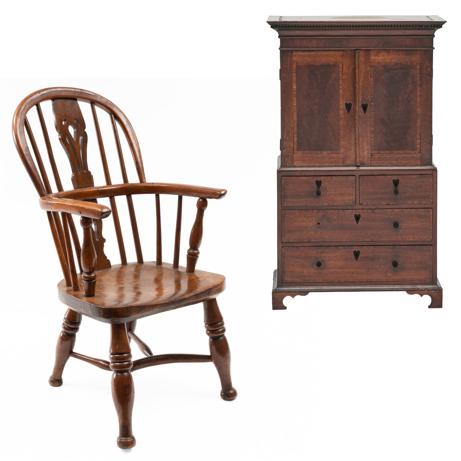 English Elm and Yew Child's Windsor Armchair: English Elm and Yew Child's Windsor Armchair Together with a miniature George III mahogany linen press. The chair, 27 3/4 x 14 1/2 x 14 1/2 in., seat height 11 in. Property from the Collection of a Pr