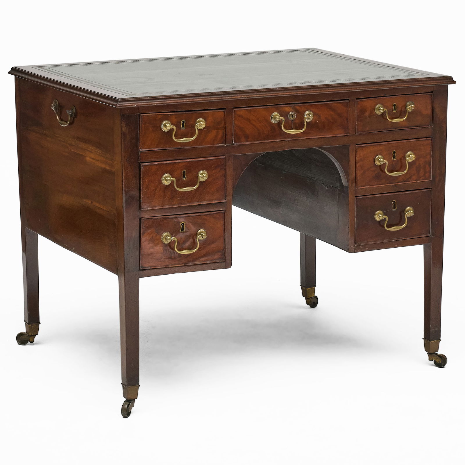 George III Mahogany Kneehole Desk: George III Mahogany Kneehole Desk Fitted with an inset gilt-tooled leather top, and a J. Bramah lock and key.? 30 1/2 x 38 x 29 in. Kneehole height 24 in. Property from the Collection of a Prominent L