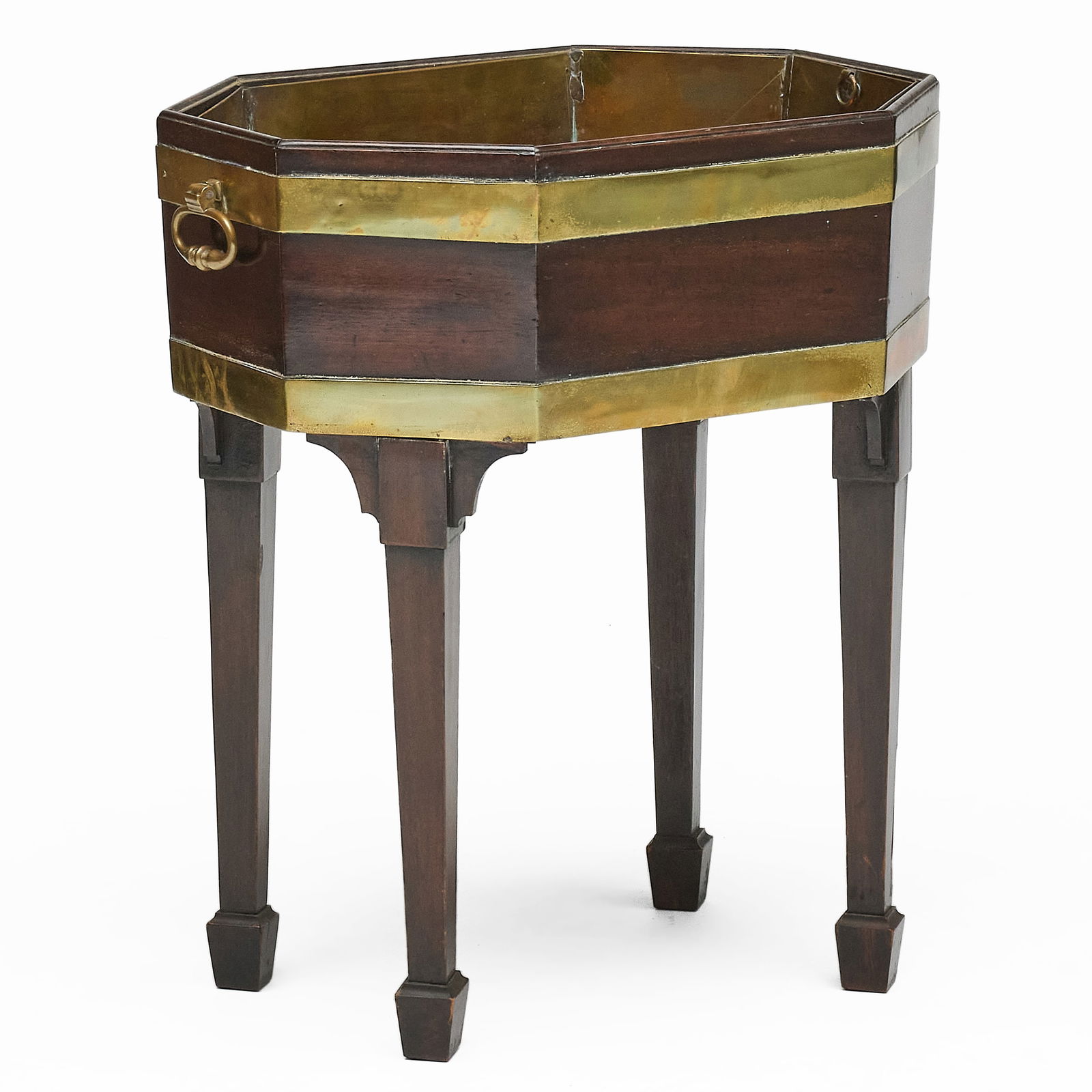 George III Brass-Bound Mahogany Wine Cooler on Later Stand: George III Brass-Bound Mahogany Wine Cooler on Later Stand Fitted with a copper liner.? 26 1/2 x 24 1/2 x 17 1/2 in. Property from the Collection of a Prominent Long Island Family.