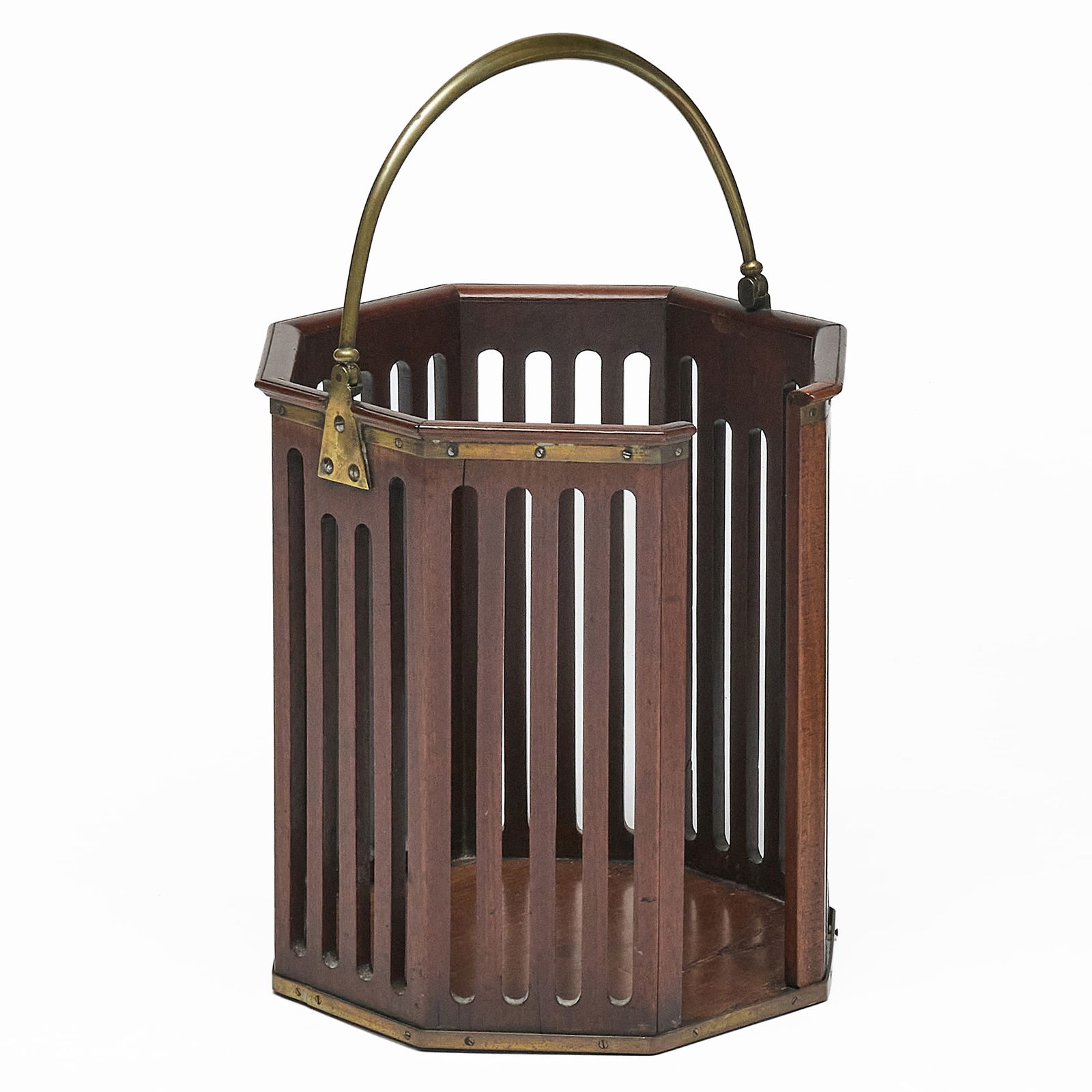 George III Brass-Bound Mahogany Pierced Octagonal Plate Bucket: George III Brass-Bound Mahogany Pierced Octagonal Plate Bucket 13 1/2 x 12 x 12 in. Property from the Collection of a Prominent Long Island Family.