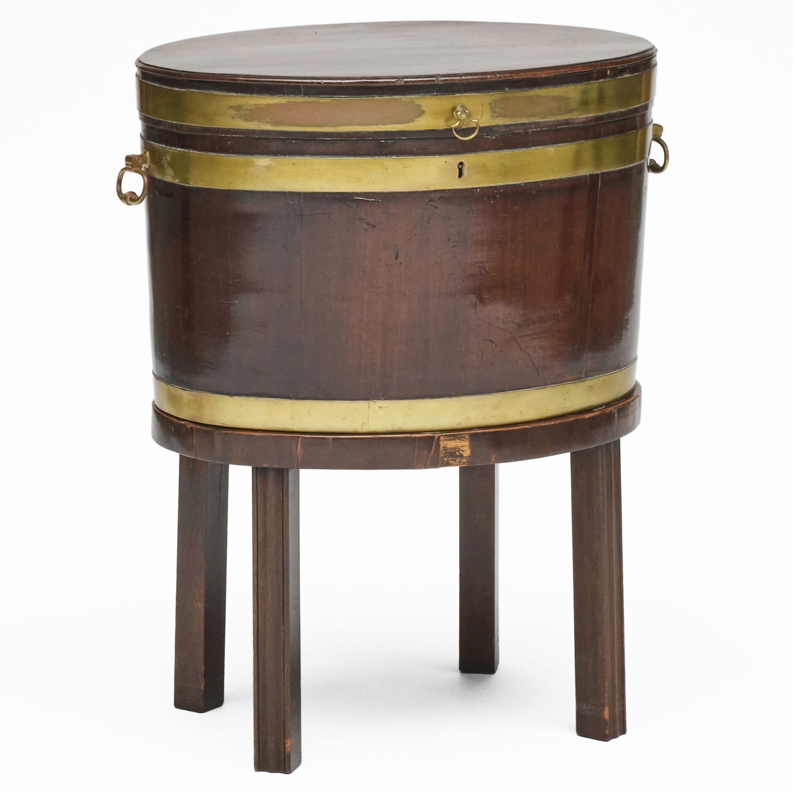 George III Brass-Bound Mahogany Cellarette on Stand: George III Brass-Bound Mahogany Cellarette on Stand With a papered interior.? 27 x 21 1/2 x 16 in. Property from the Collection of a Prominent Long Island Family.