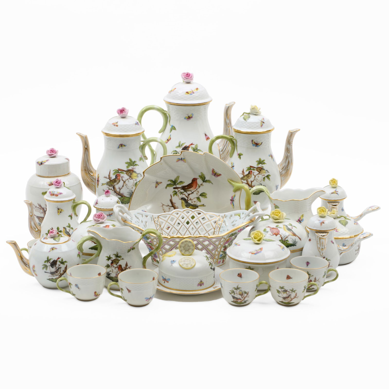 Herend Porcelain Part Tea and Coffee Service in the 'Rothschild Bird' Pattern: Herend Porcelain Part Tea and Coffee Service in the 'Rothschild Bird' Pattern Blue printed marks. Comprising: A large coffee pot and cover Two smaller coffee pots and covers A miniature coffee pot and