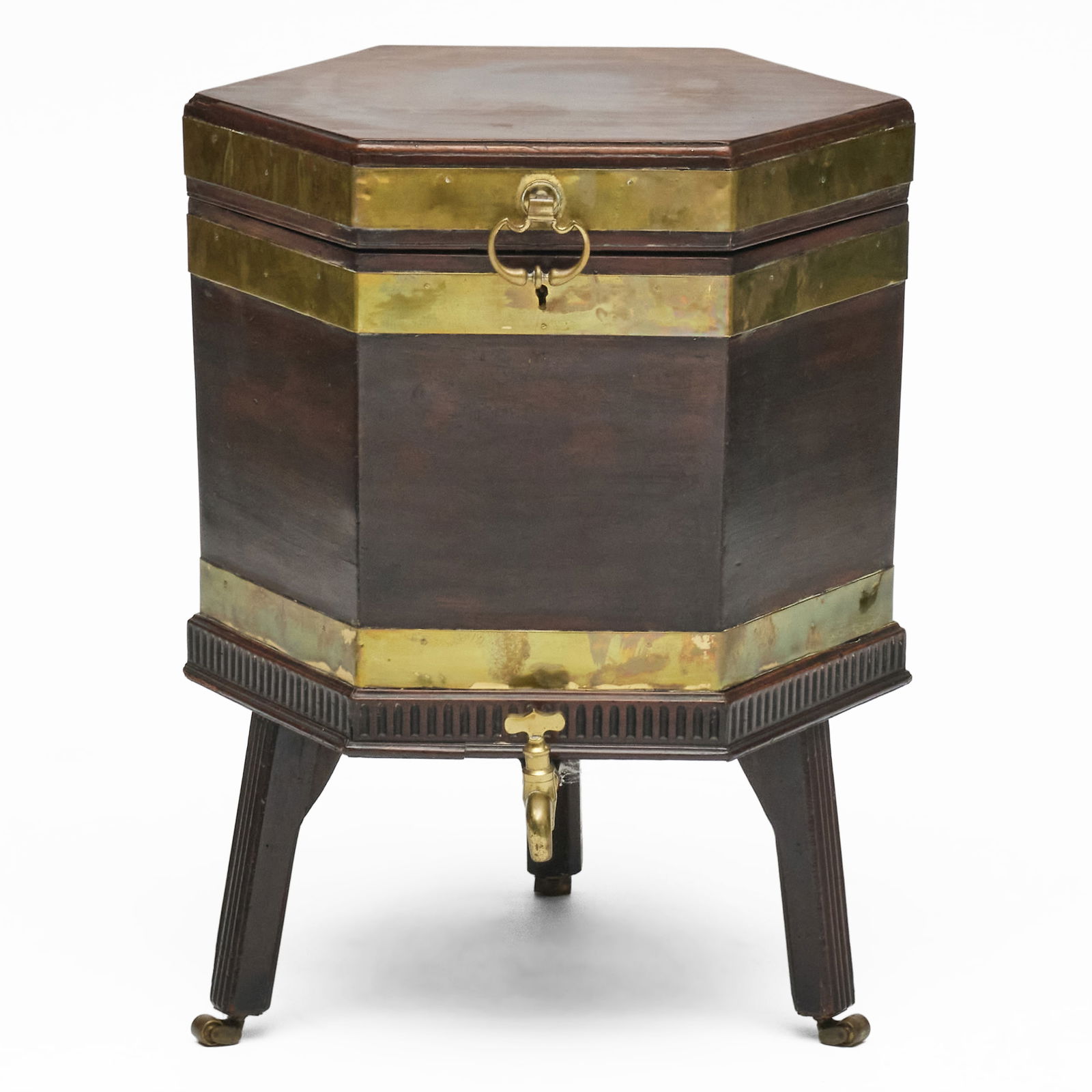 George III Brass-Bound Mahogany Hexagonal Cellarette on Later Stand (1 of 9)