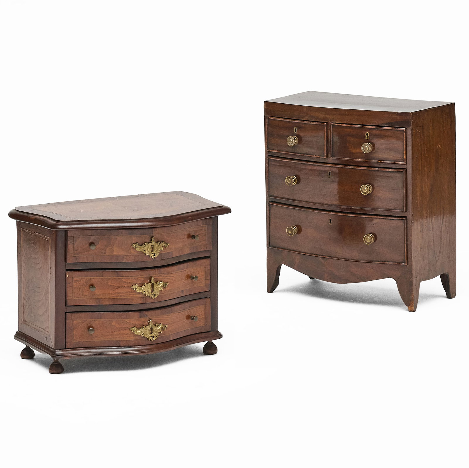 Miniature George II Mahogany Chest of Drawers: Miniature George II Mahogany Chest of DrawersTogether with a miniature continental walnut serpentine front?commode.The chest of drawers 15 1/4 x 13 x 8 in.The commode 10 1/2 x 14 1/2 x 9 1/4
