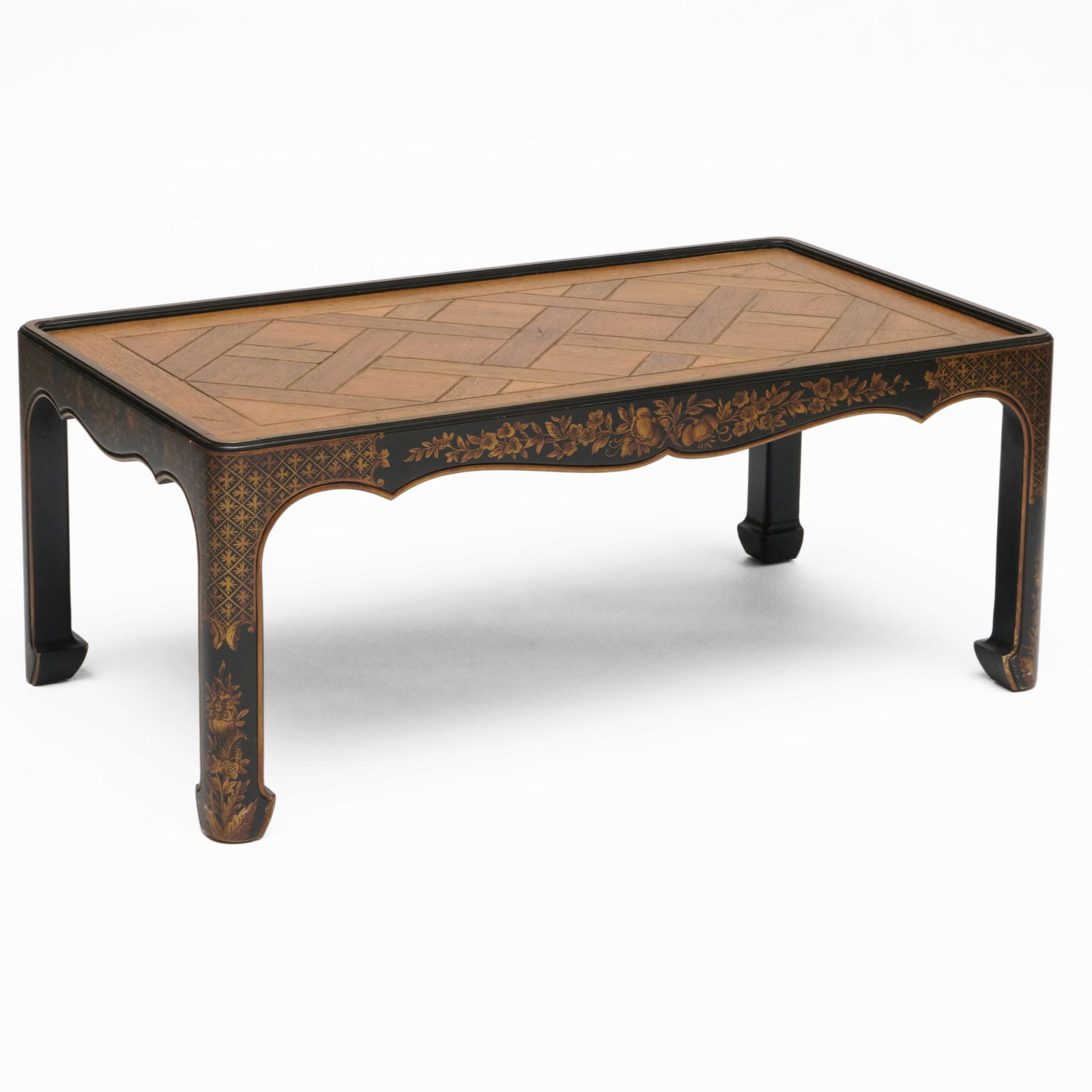 Modern Oak Parquetry and Lacquer Low Table, Baker: Modern Oak Parquetry and Lacquer Low Table, Baker 16 3/4 x 41 x 22 1/2 in.