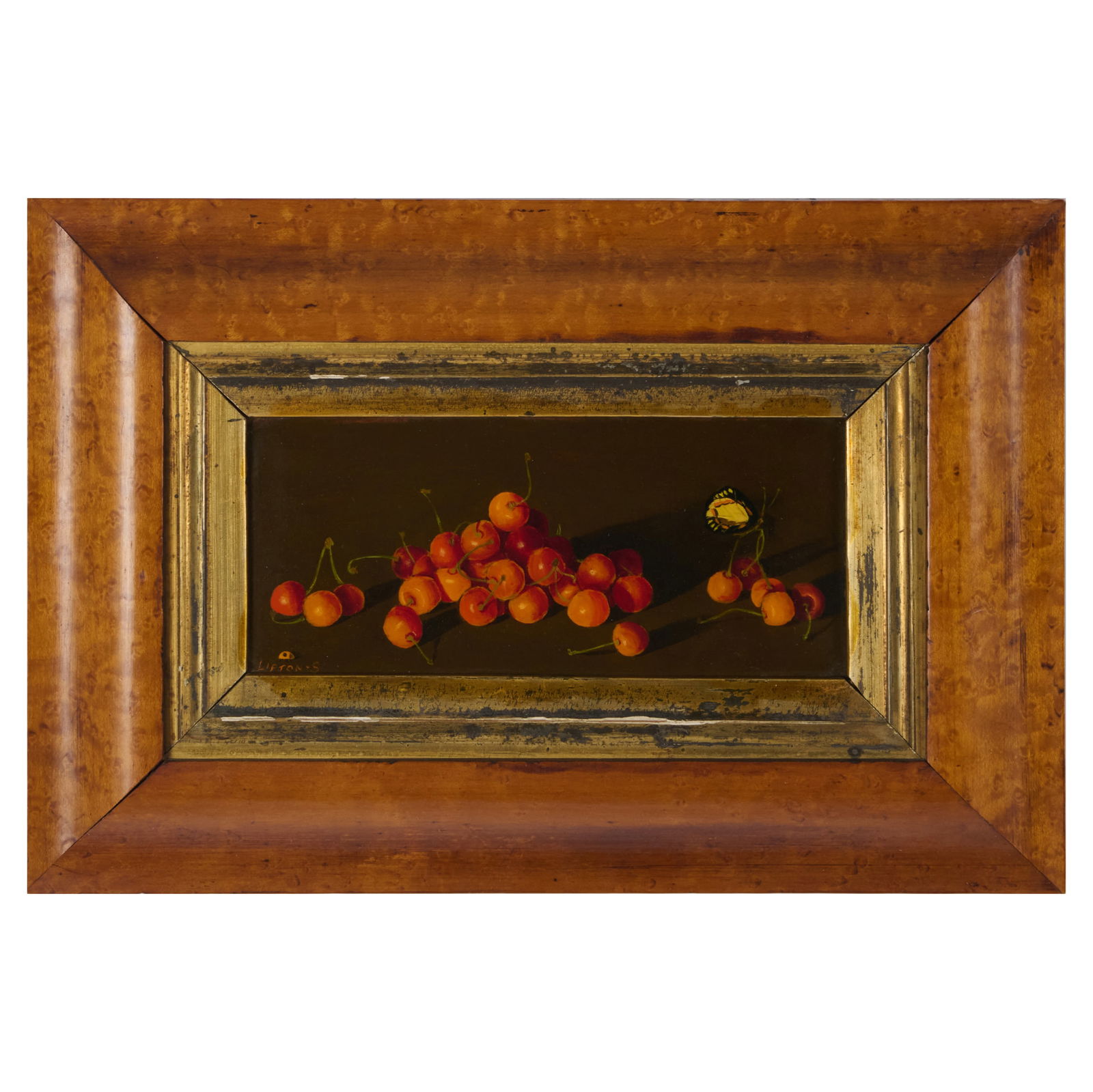 Sondra Lipton (c. 1930-2026): Cherries: Sondra Lipton (c. 1930-2026): CherriesOil on board, signed 'Lipton - S' lower left.3 x 7 in., 8 x 12 in. (frame).