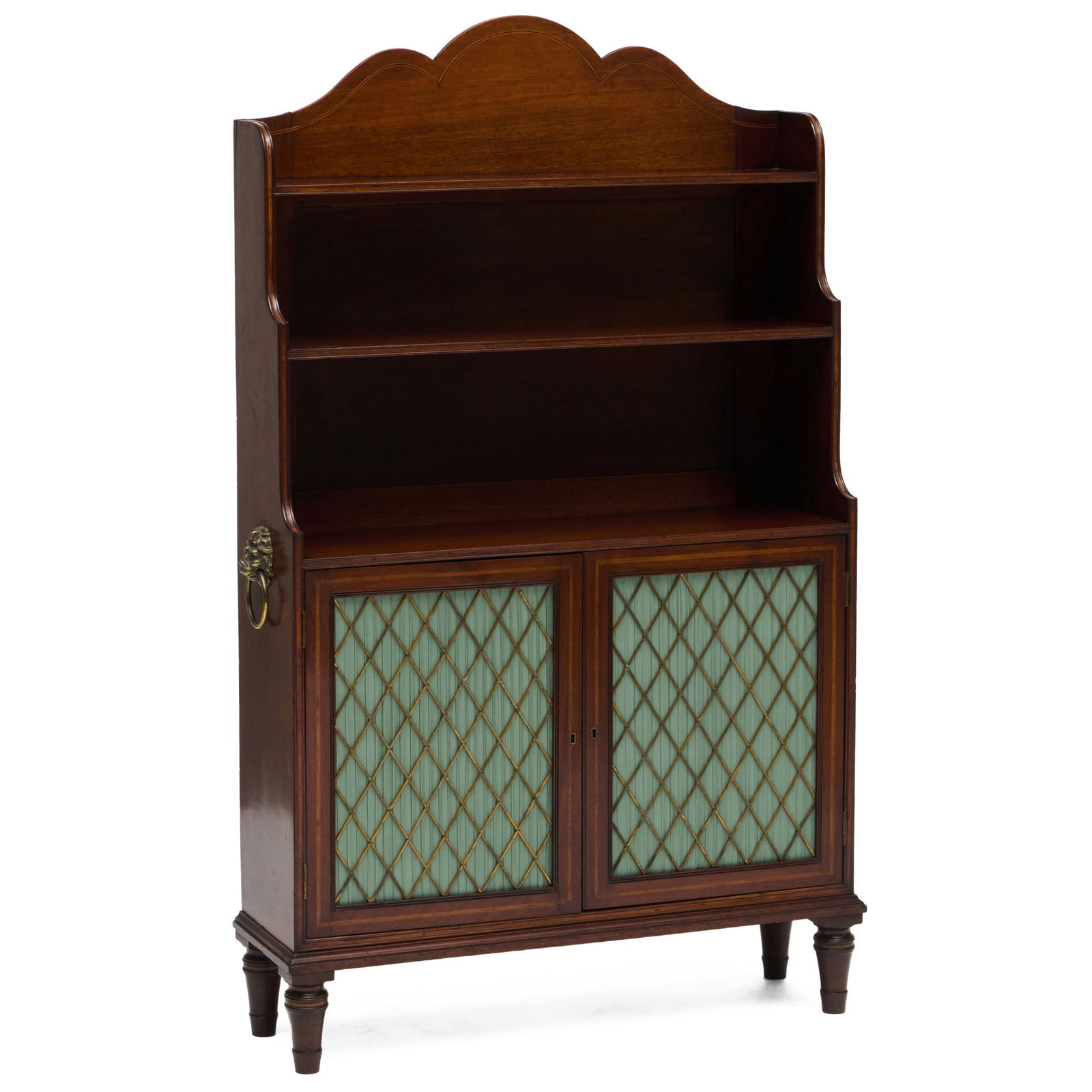 George III Brass-Mounted Inlaid Mahogany Bookcase: George III Brass-Mounted Inlaid Mahogany BookcaseFitted with one shelf in the lower compartment.?4 ft. 3 x 31 x 10 in.