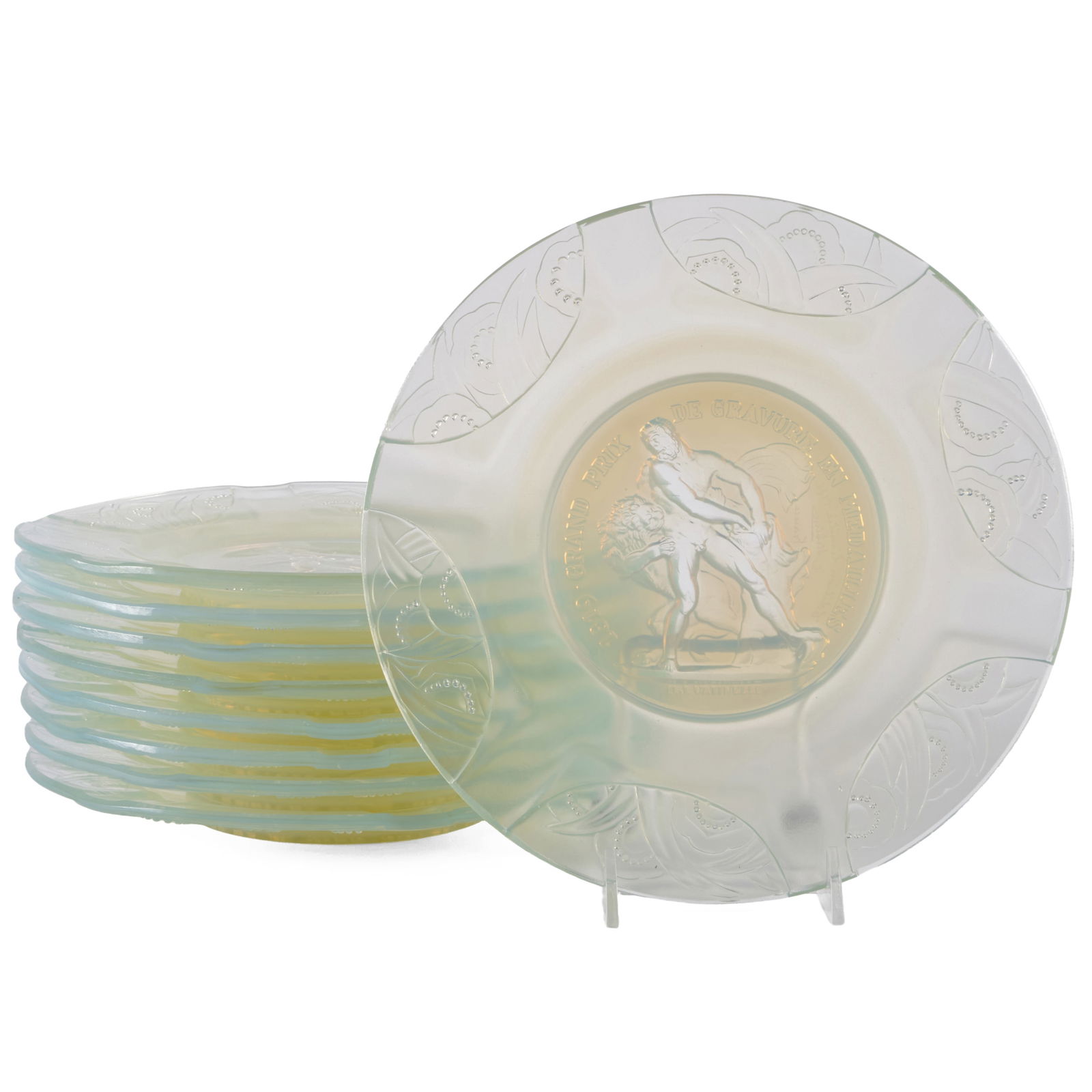 Set of Nine Sabino Pressed '1819 Grand Prix de Gravure en Medailles' Glass Plates: Set of Nine Sabino Pressed '1819 Grand Prix de Gravure en Medailles' Glass PlatesSigned in etch, dated 1971.8 1/4 in. diam.