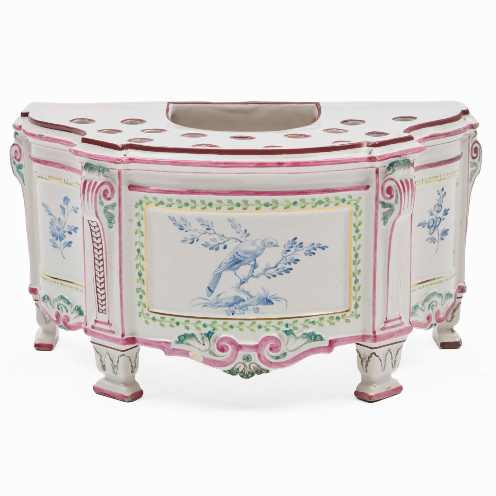 Moustiers Faience Bird and Flower Decorated Bough Pot: Moustiers Faience Bird and Flower Decorated Bough PotUnmarked.4 1/4 x 8 x 4 3/8 in.