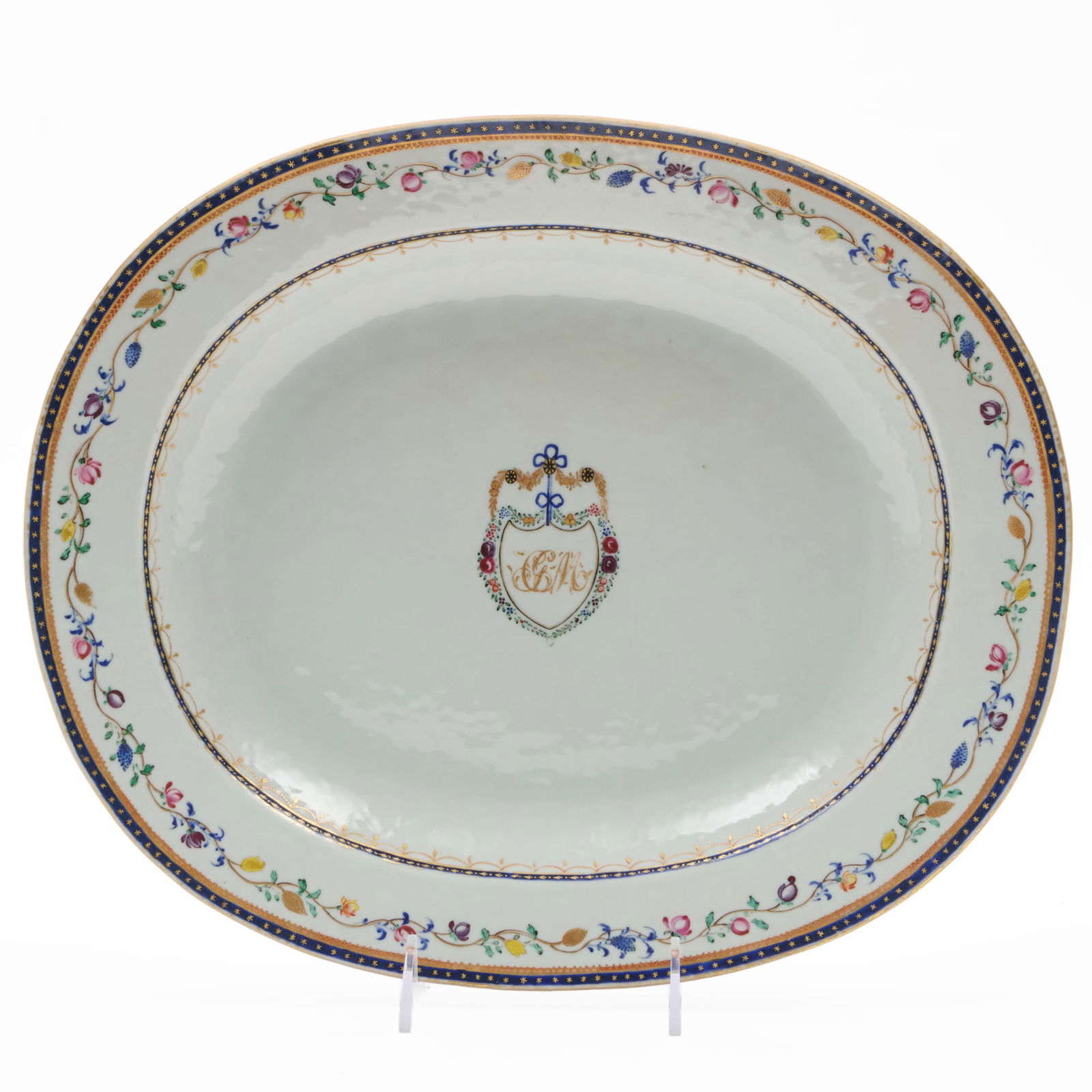 Chinese Export Porcelain Monogrammed Serving Platter: Chinese Export Porcelain Monogrammed Serving Platter Unmarked. 1 1/2 x 14 1/2 x 12 1/4 in.