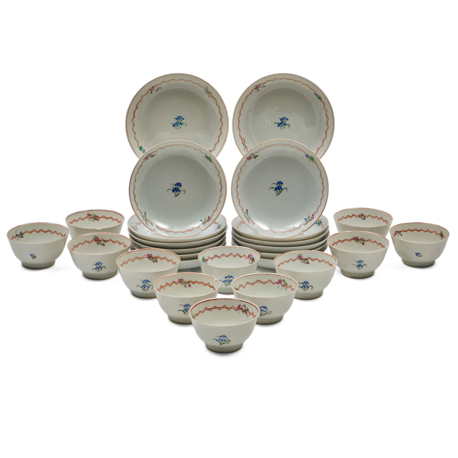 Group of Chinese Export Porcelain Pink and Blue Flower Decorated Teabowls and Saucers (1 of 20)