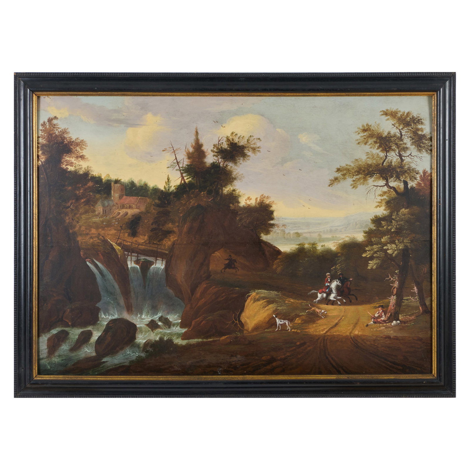 American School: Figures on Horseback in a Landscape: American School: Figures on Horseback in a LandscapeOil on board, unsigned.23 x 32 in., 27 x 36 1/2 in. (frame).