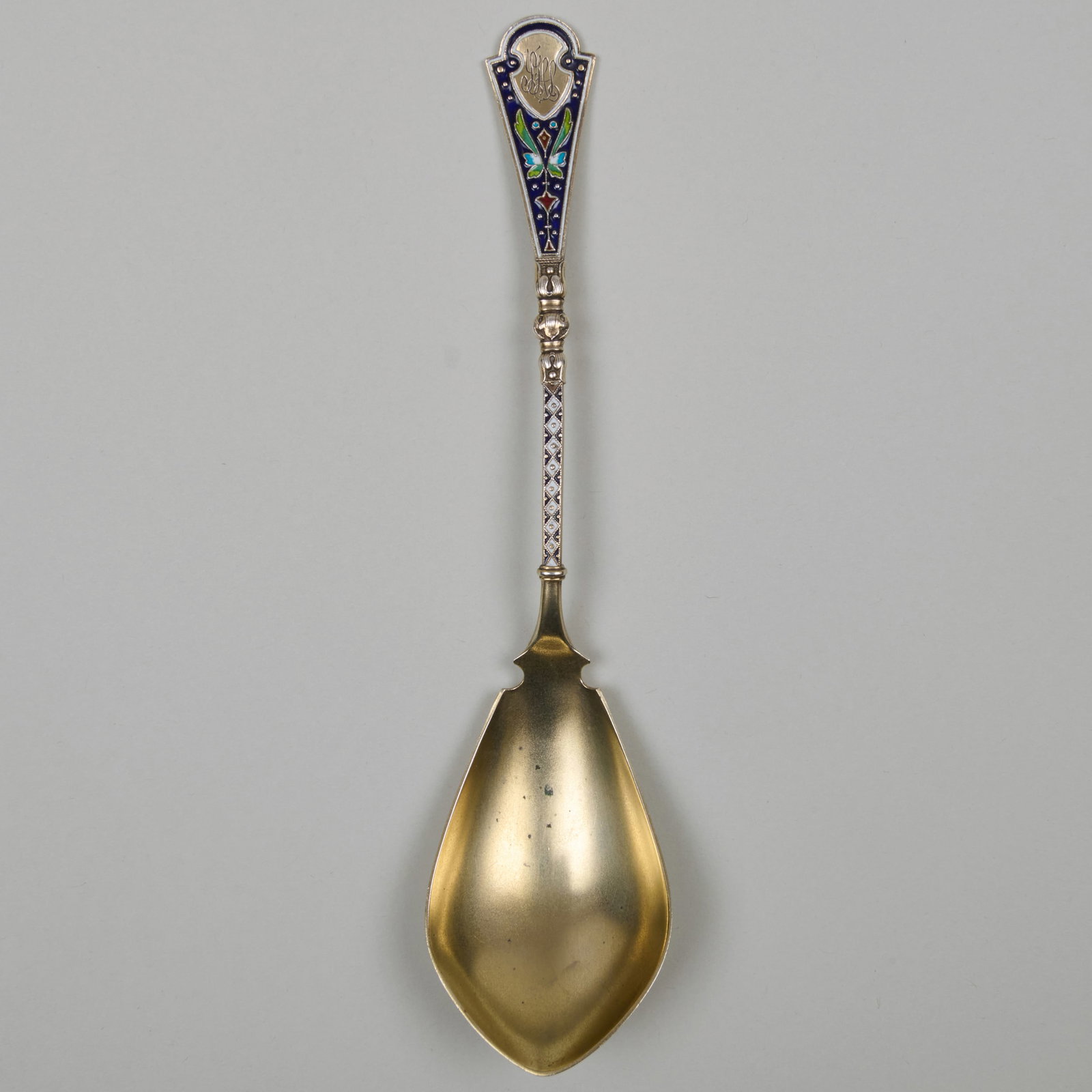 Continental Cloisonne Silver Serving Spoon: Continental Cloisonne Silver Serving SpoonIndistinctly marked.8 1/2 in. long, 2 oz. approx. gross weight.