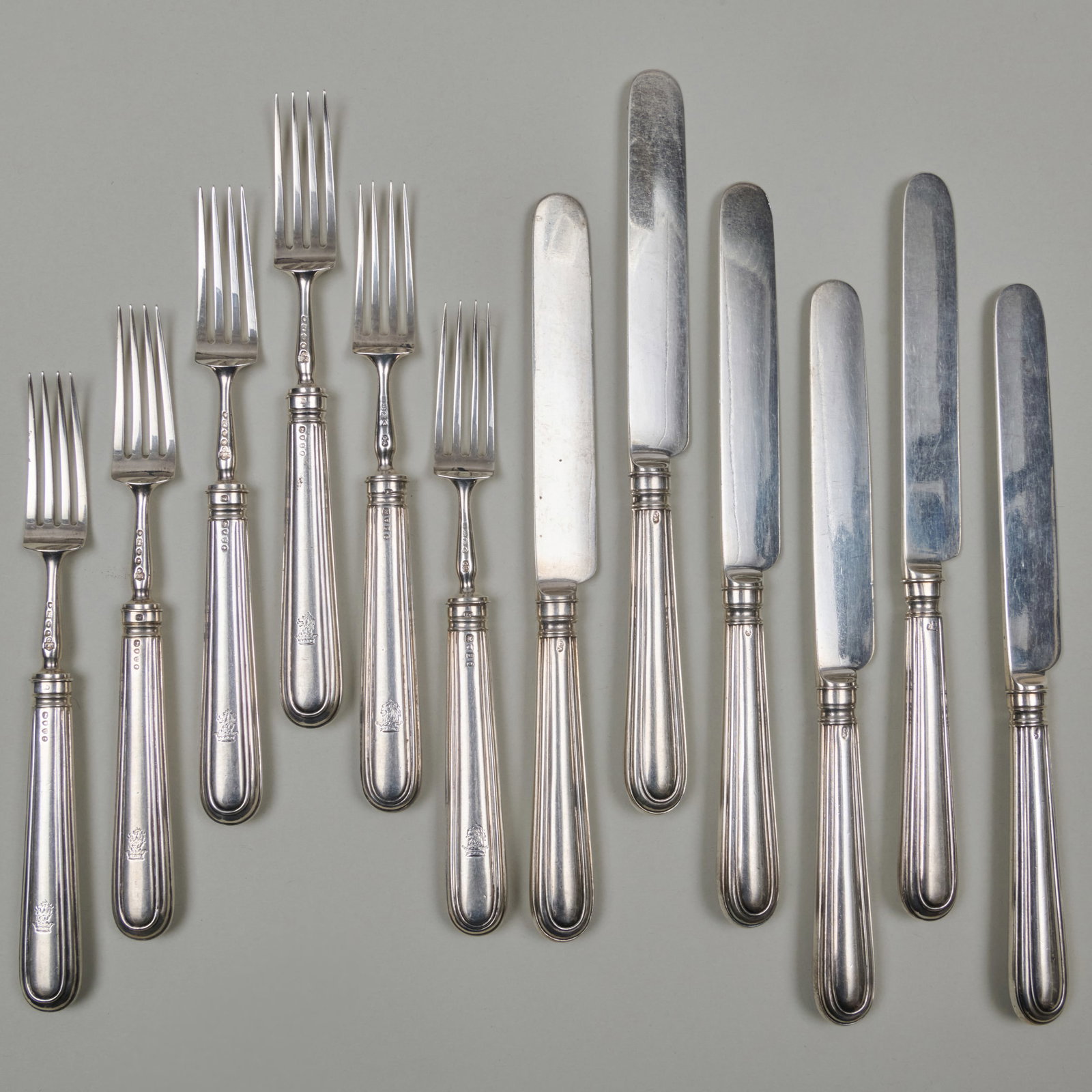 Victorian Silver Fruit Service: Victorian Silver Fruit ServiceMark of Chawner & Co., London, 1868; engraved with crest.Comprising:Six knives with filled handlesSix fork with filled handlesThe knives 8 1/2 in. long, the forks 7 1/4