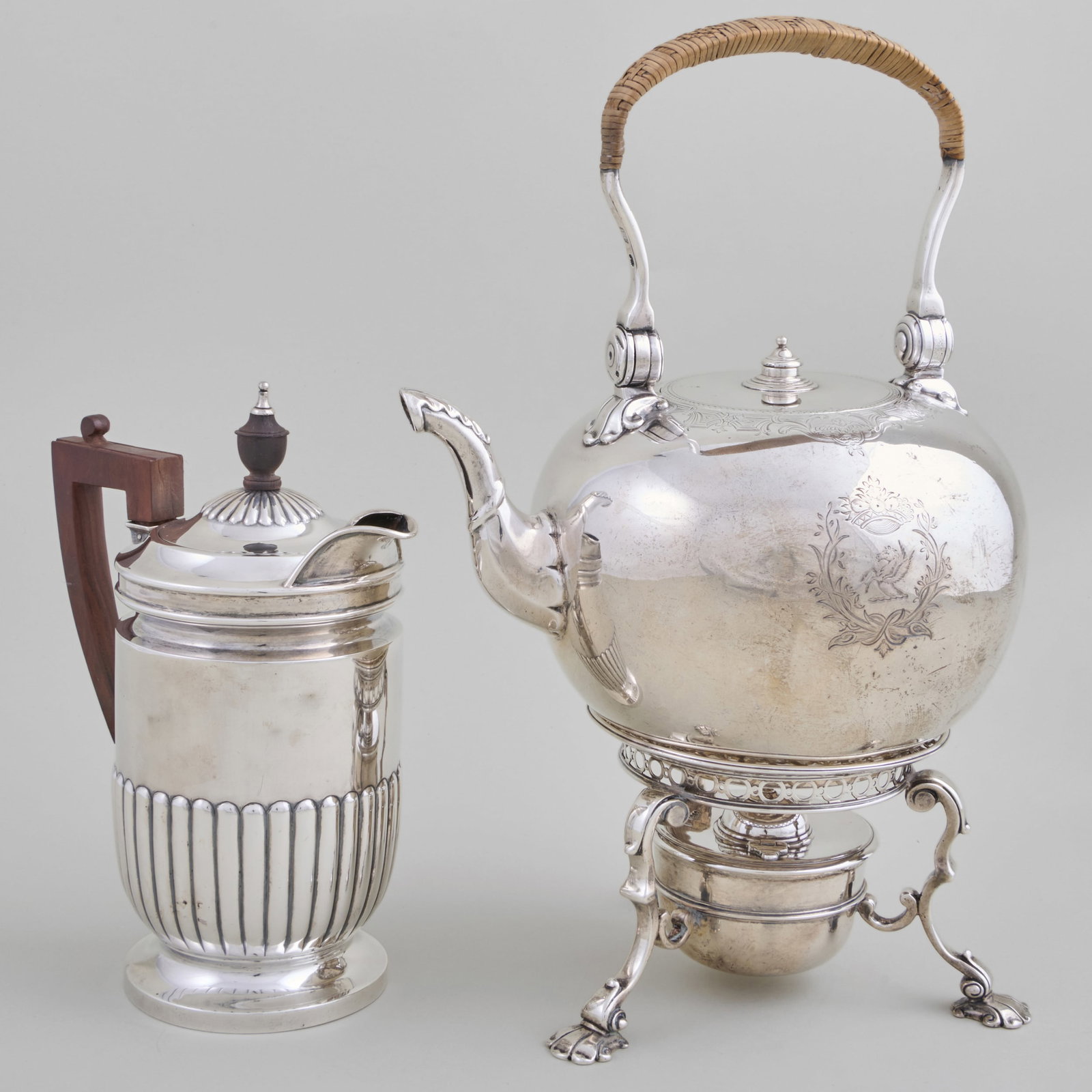 George V Silver Kettle on Stand and a Victorian Silver Biggin: George V Silver Kettle on Stand and a Victorian Silver BigginThe kettle and stand marked London, 1924-1925, maker's mark 'BF'; the biggin mark of Henry Stratford, London, 1895.The kettle on stand 12