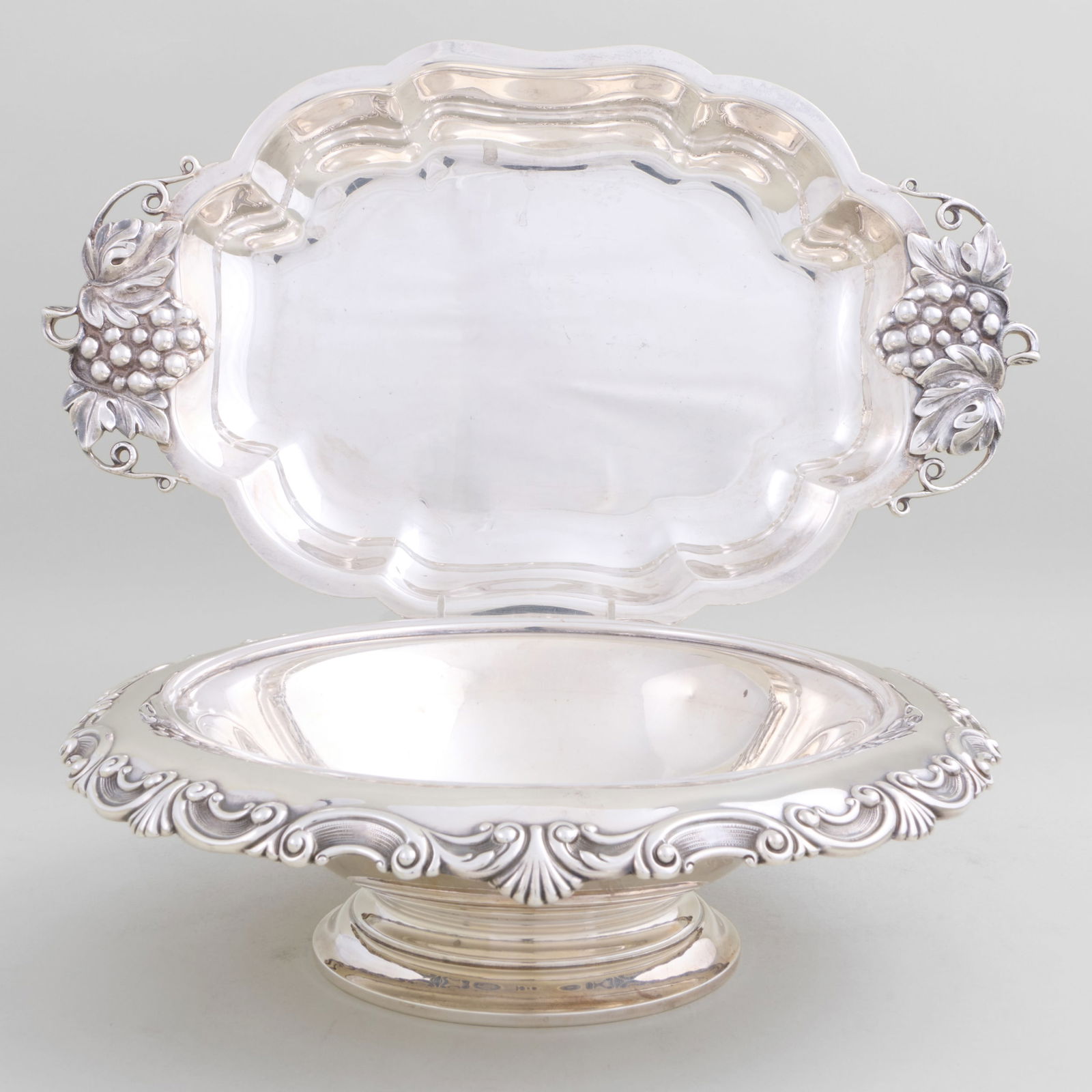 Black, Starr & Frost Silver Dish with Grape Handles and an International Sterling Dish with Everted: Black, Starr & Frost Silver Dish with Grape Handles and an International Sterling Dish with Everted RimEach marked 'Sterling'The Black, Starr & Frost 1 1/2 x 15 1/2 x 9 1/4 in., the International 3