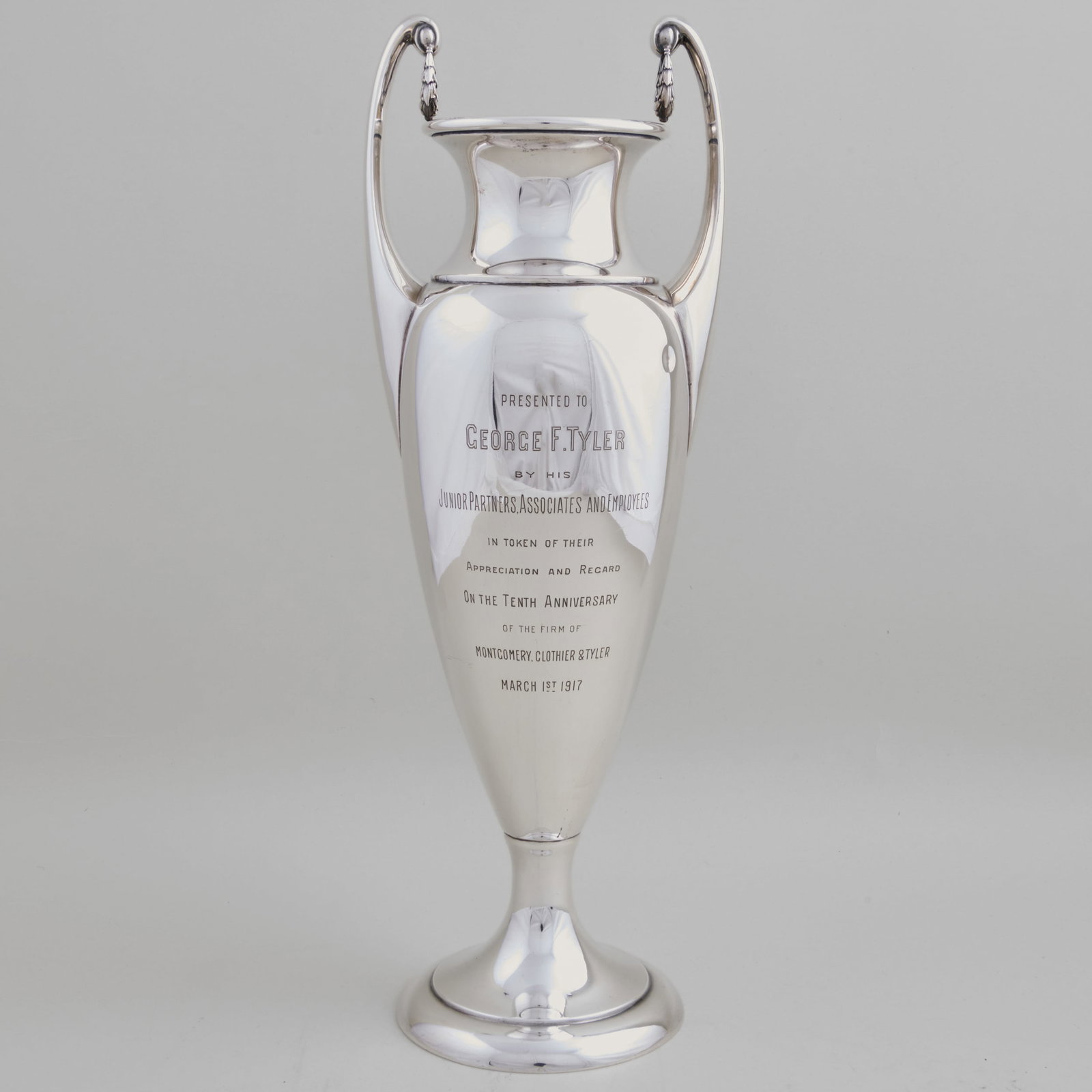J.E. Caldwell Silver Presentation Vase: J.E. Caldwell Silver Presentation VaseMarked 'Sterling'.16 3/4 x 5 1/2 x 4 in.