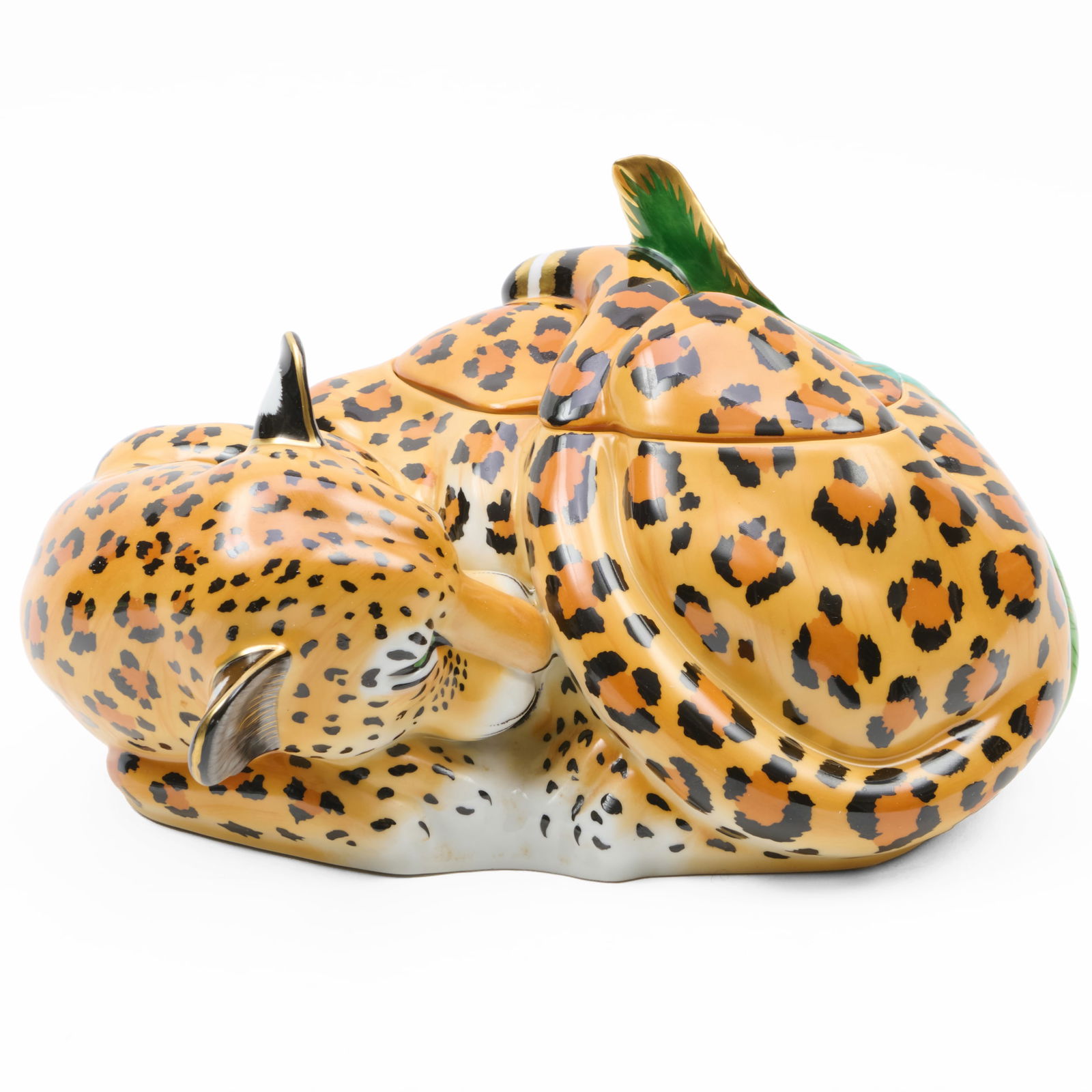 Lynn Chase Porcelain Tureen and Leaf Tray in the 'Jaguar Jungle' Pattern: Lynn Chase Porcelain Tureen and Leaf Tray in the 'Jaguar Jungle' Pattern Printed mark.7 1/2 x 13 1/2 x 13 1/2 in.Collection of Lynn Chase from Money Pit Farm.