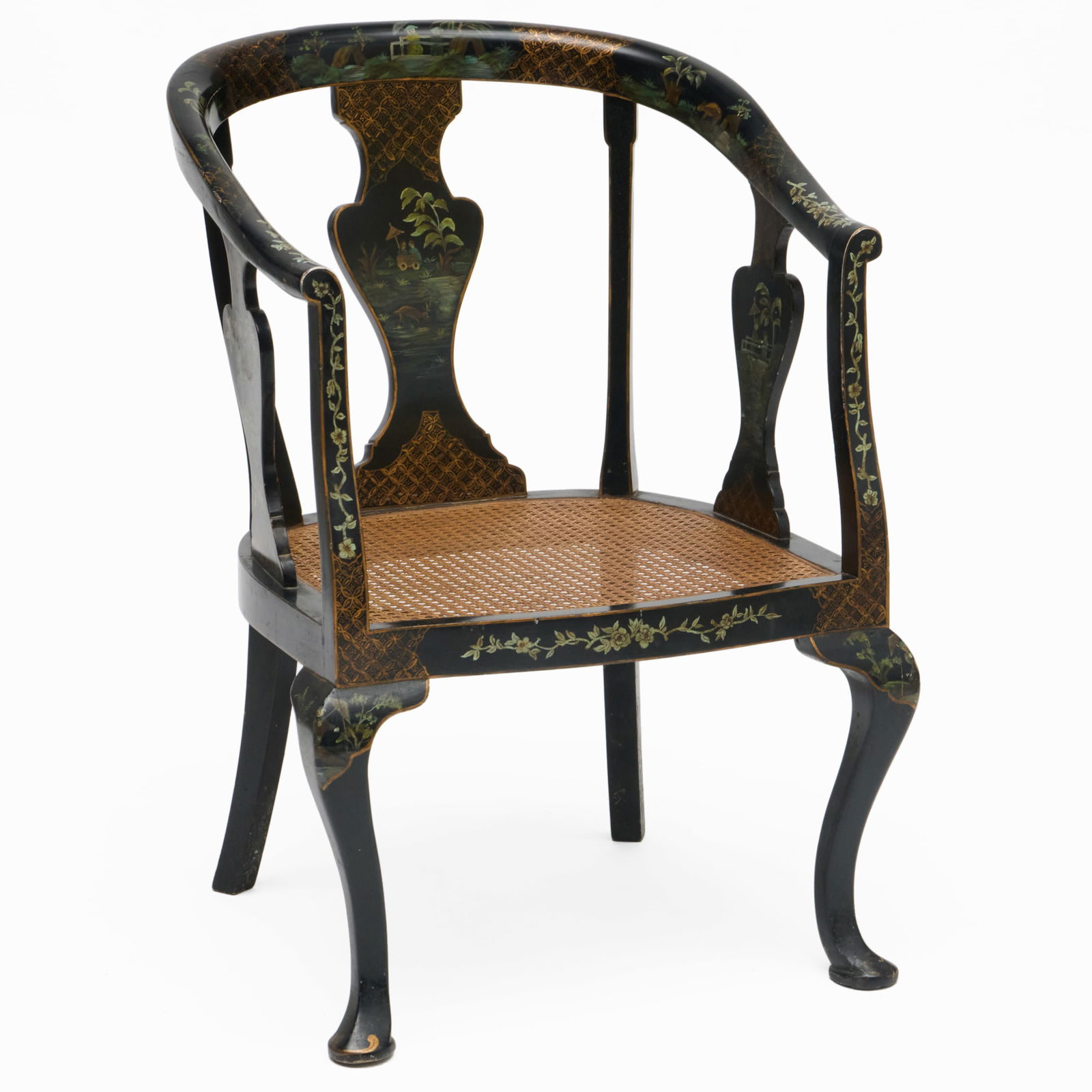 Asian-Inspired Black Lacquer and Parcel-Gilt Chinoiserie Decorated Caned Armchair: Asian-Inspired Black Lacquer and Parcel-Gilt Chinoiserie Decorated Caned Armchair33 x 24 x 20 in., seat height 15 1/2 in.Collection of Lynn Chase from Money Pit Farm.