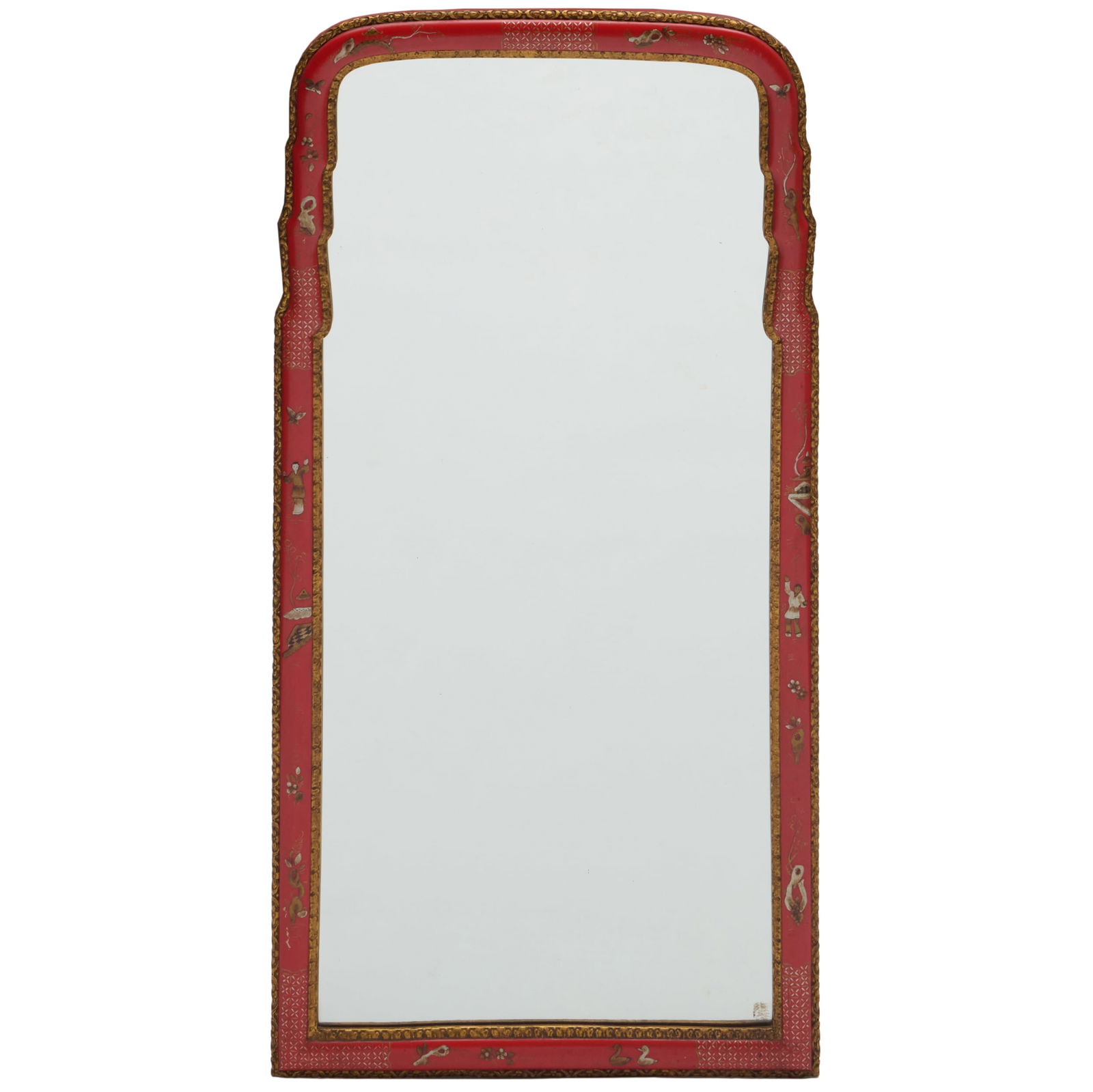 Queen Anne Style Red Lacquer and Parcel-Gilt Mirror: Queen Anne Style Red Lacquer and Parcel-Gilt Mirror49 1/2 x 26 in.Collection of Lynn Chase from Money Pit Farm.