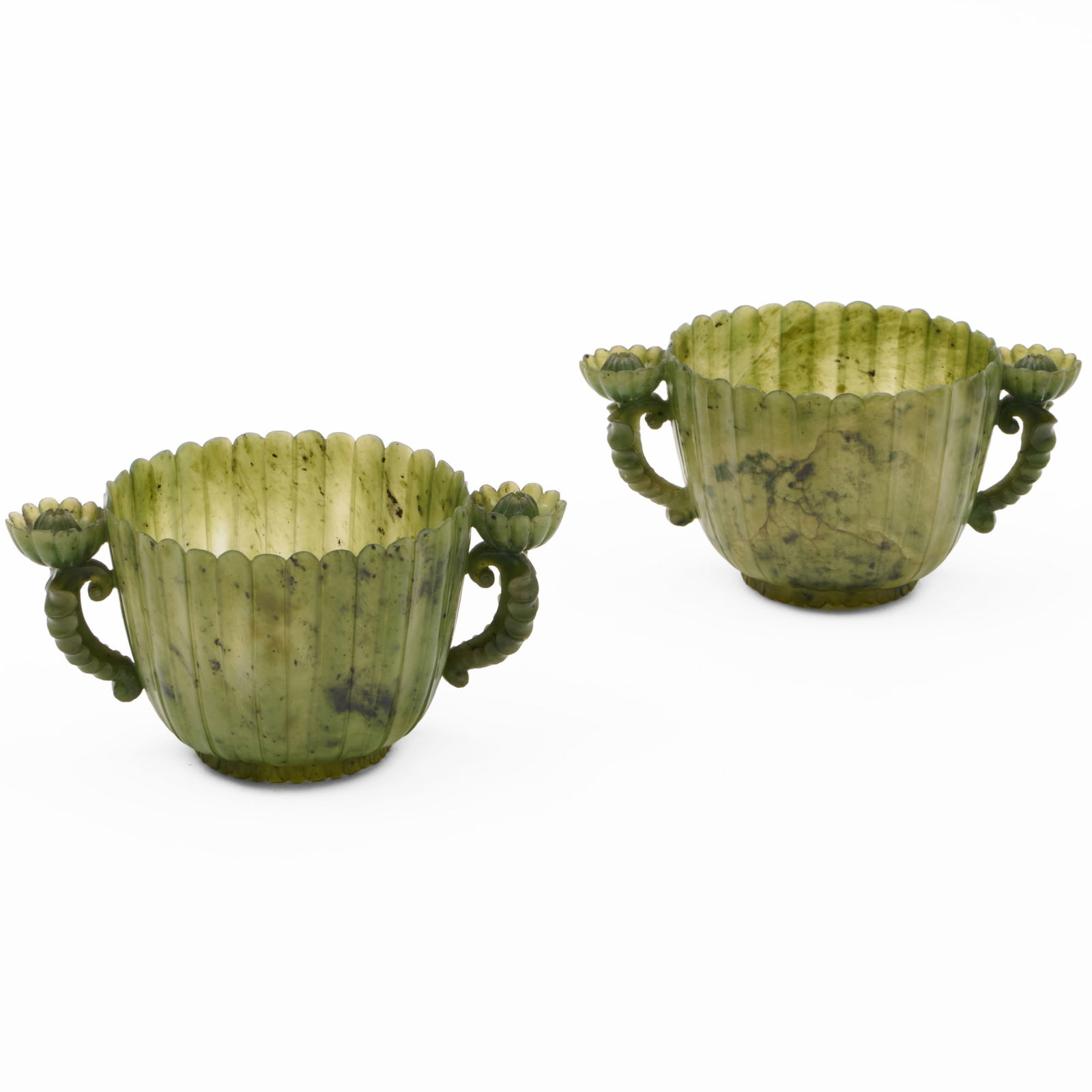 Pair of Chinese Mughal Style Jade Cups: Pair of Chinese Mughal Style Jade CupsUnmarked.2 1/2 x 5 x 3 1/4 in.Collection of Lynn Chase from Money Pit Farm.