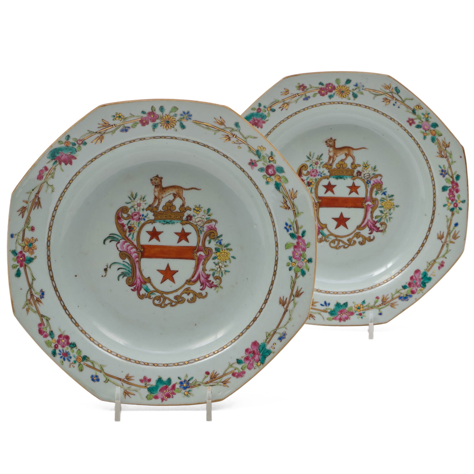 Pair of Chinese Export Armorial Soup Plates: Pair of Chinese Export Armorial Soup Plates Unmarked. 8 3/4 in. diam. Collection of Lynn Chase from Money Pit Farm.