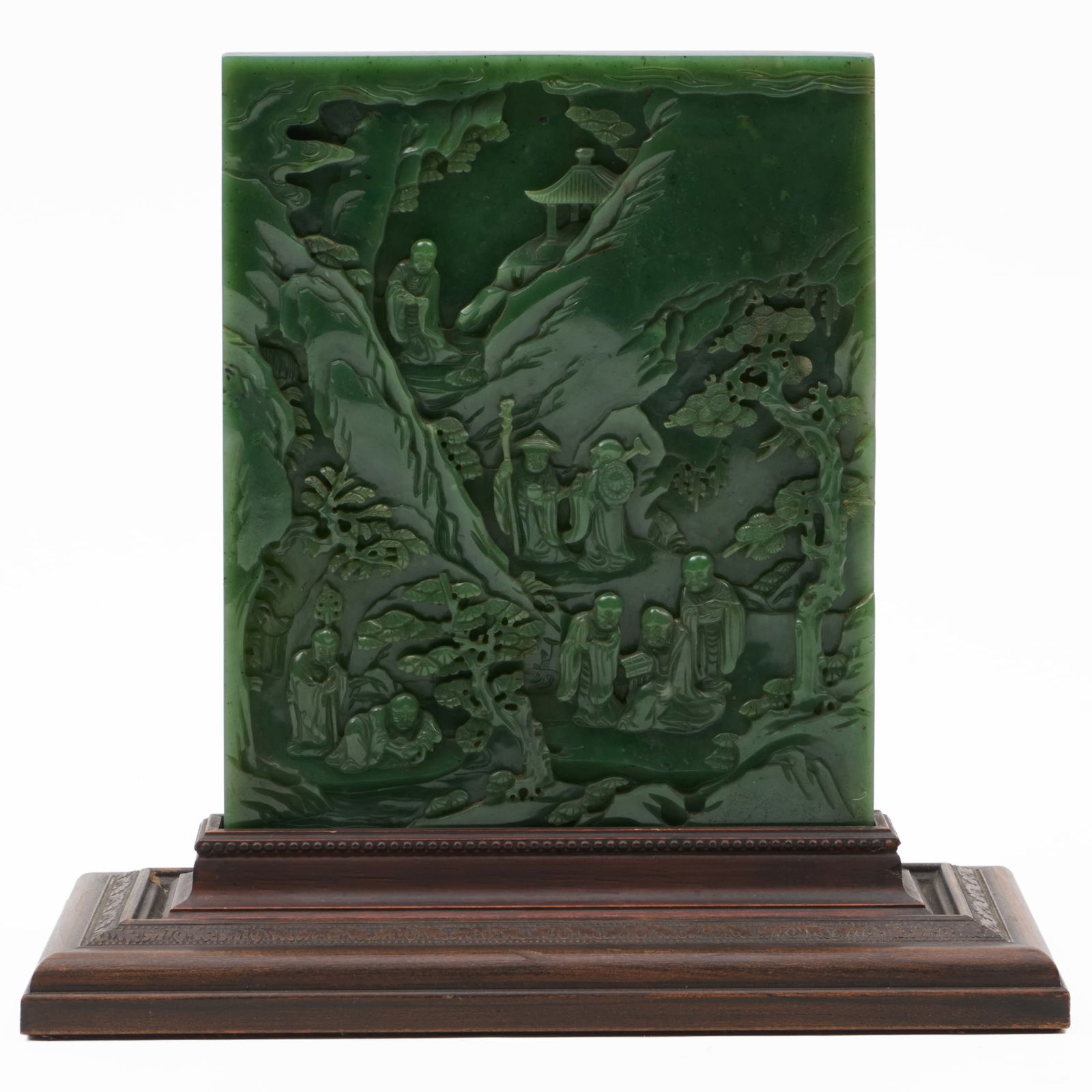 Chinese Green Jade Table Screen: Chinese Green Jade Table ScreenMounted in wood base.11 1/4 x 6 1/2 x 3 3/4 in. (overall).Collection of Lynn Chase from Money Pit Farm.