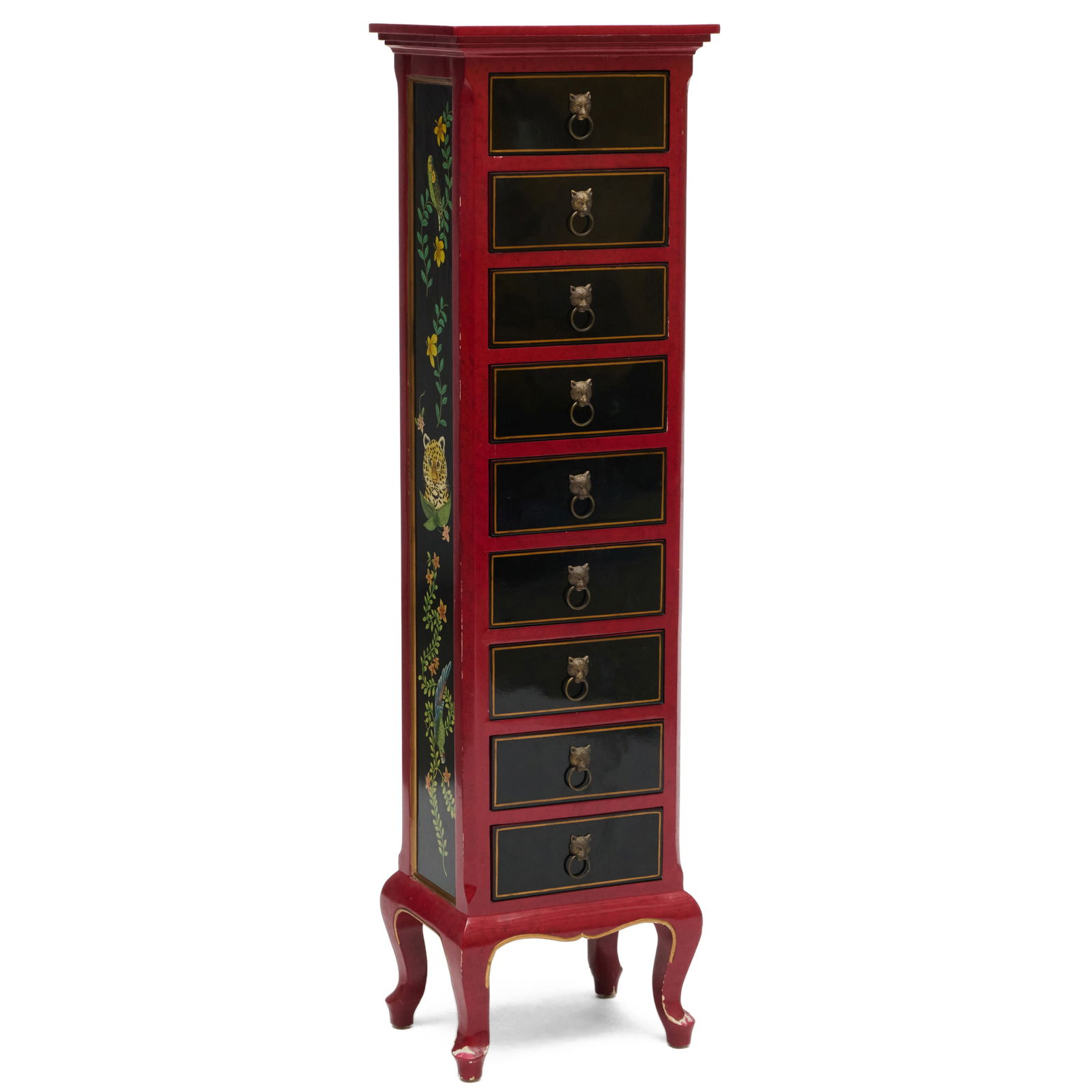 Lynn Chase Painted Tall Chest of Drawers: Lynn Chase Painted Tall Chest of DrawersFitted with metal Panther handles. Label on the reverse, Sarreid, Ltd. Made in China.4 ft. 5 3/4 x 14 x 10 1/2 in.Collection of Lynn Chase from Money Pit Farm.