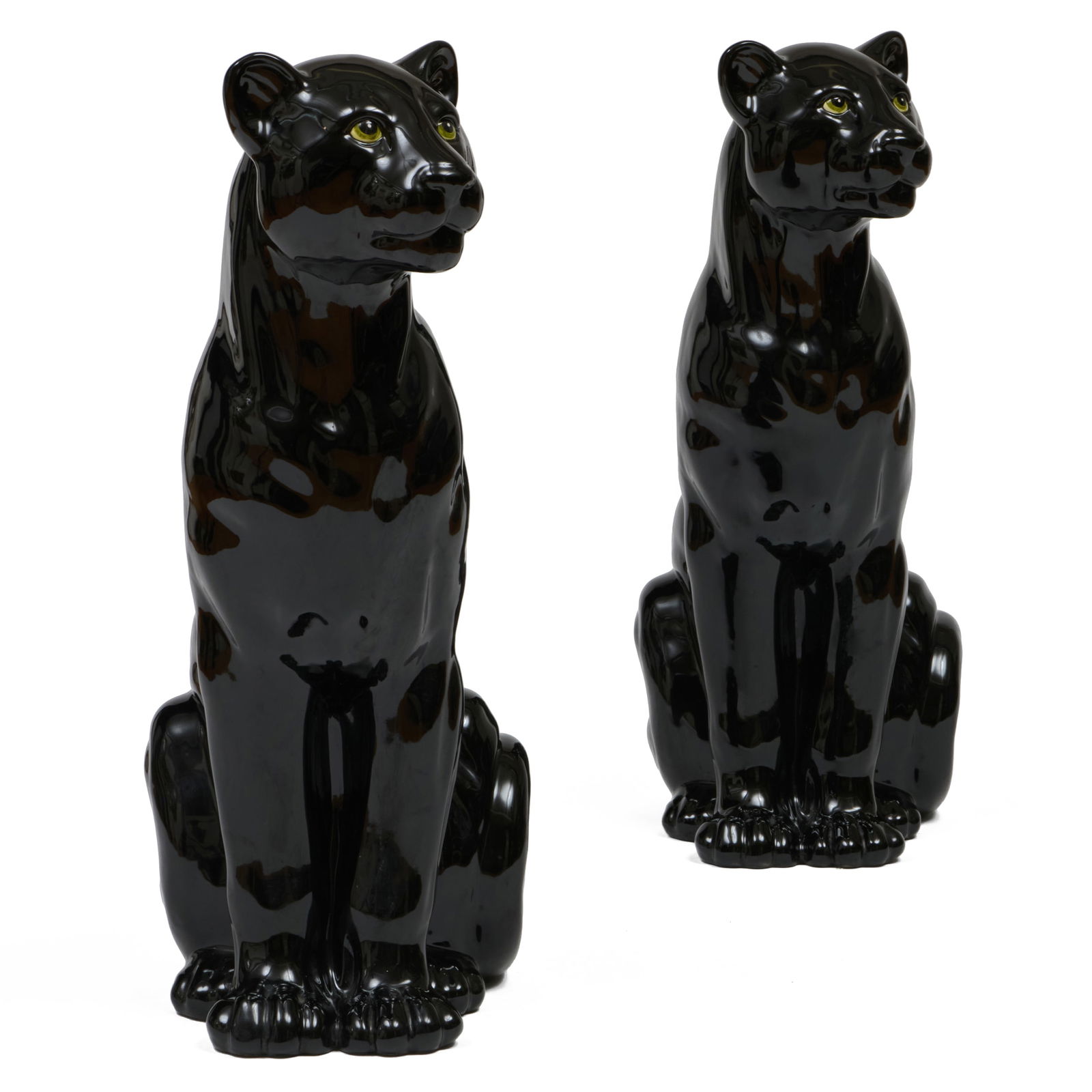 Pair of Lynn Chaze Black Glazed Ceramic Models of Jaguars: Pair of Lynn Chaze Black Glazed Ceramic Models of JaguarsUnmarked.29 1/2 x 16 x 10 in.Collection of Lynn Chase from Money Pit Farm.