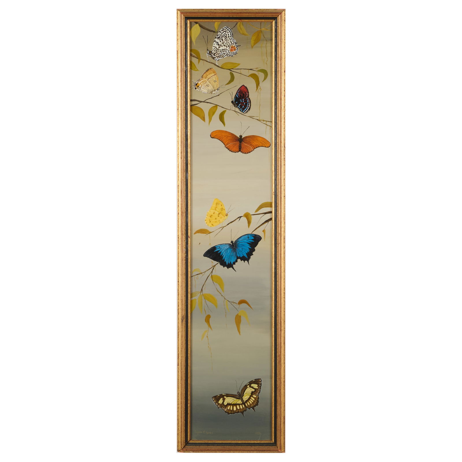 Lynn Chase (1948-2025): Latin American Butterflies: Lynn Chase (1948-2025): Latin American ButterfliesOil on board, 1978, signed 'Chase' lower left and dated lower right, with label from Elizabeth Billhardt, Ltd., Locust Valley, NY.29 1/2 x 5 3/4 in.,