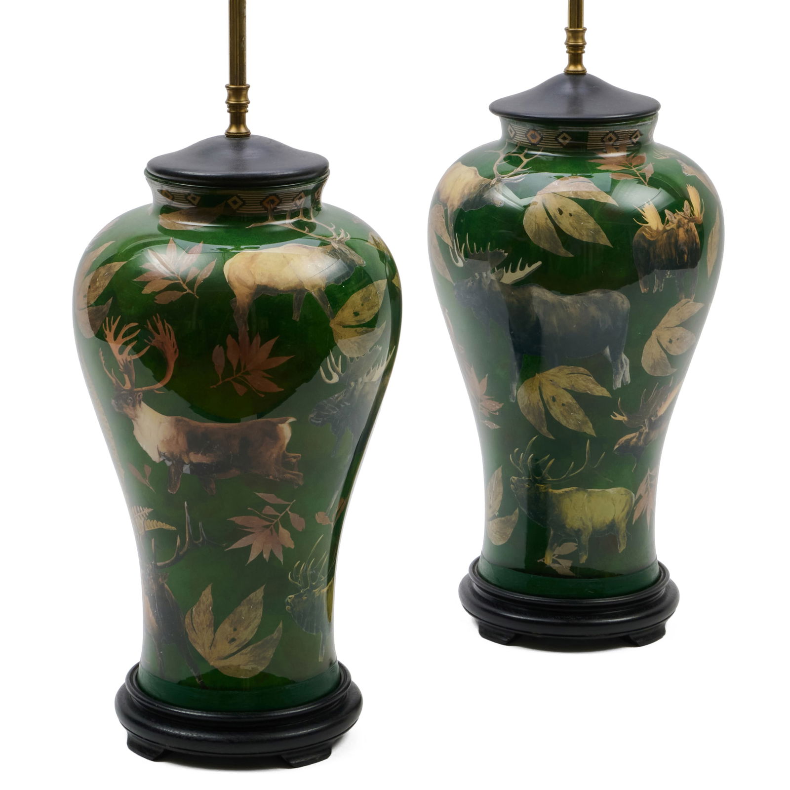 Pair of Dark Green Decalcomania Lamps: Pair of Dark Green Decalcomania Lamps 29 1/2 x 8 1/2 in. diam. (to socket). Collection of Lynn Chase from Money Pit Farm.